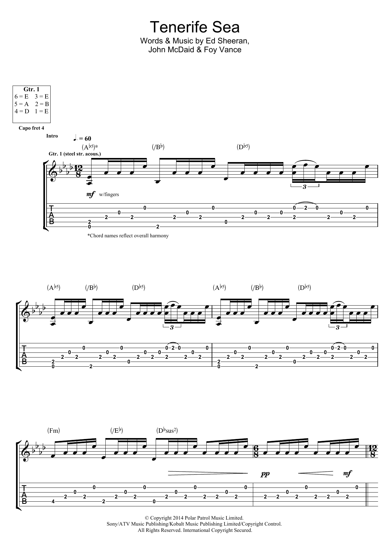 Download Ed Sheeran Tenerife Sea Sheet Music and learn how to play Piano, Vocal & Guitar (Right-Hand Melody) PDF digital score in minutes