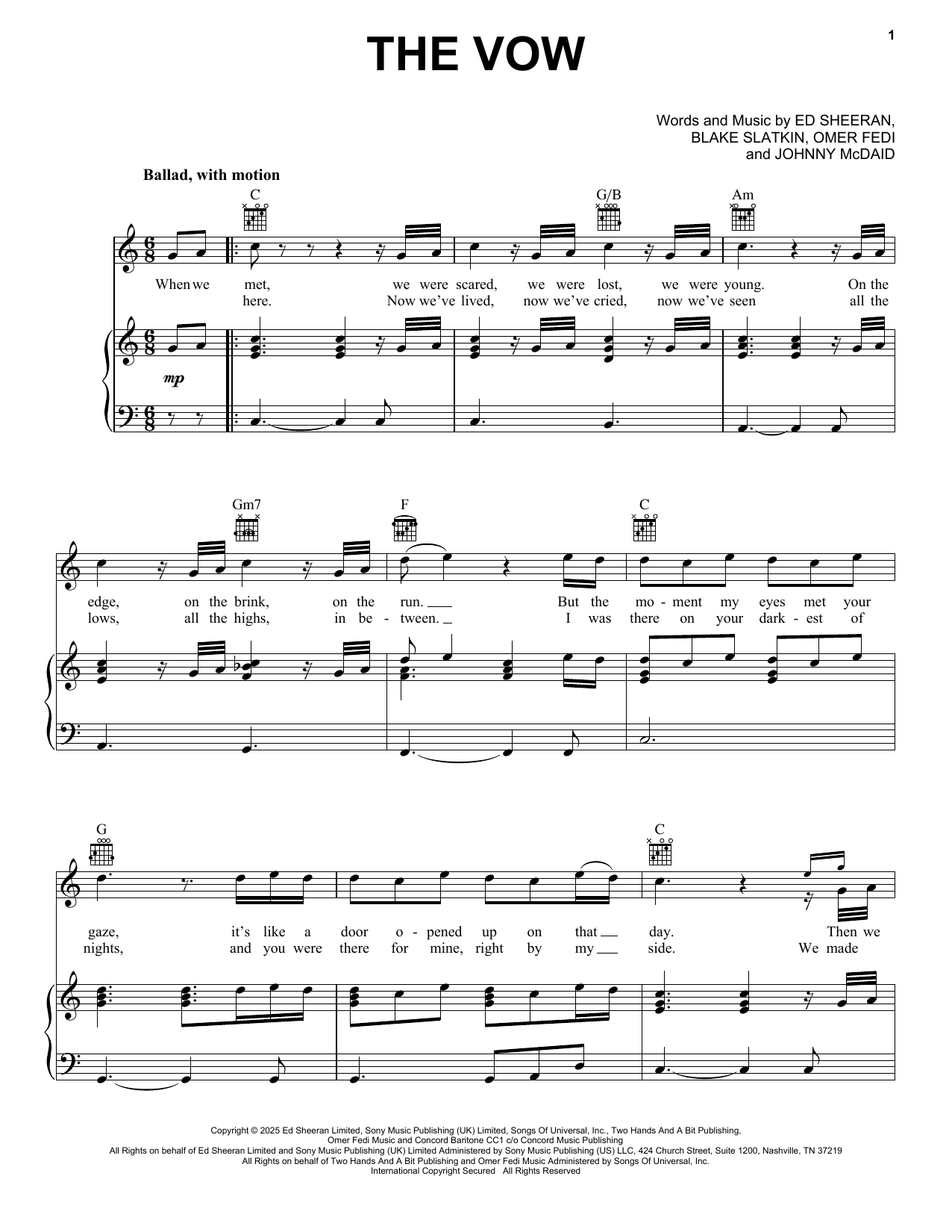 Download Ed Sheeran The Vow Sheet Music and learn how to play Piano, Vocal & Guitar Chords (Right-Hand Melody) PDF digital score in minutes