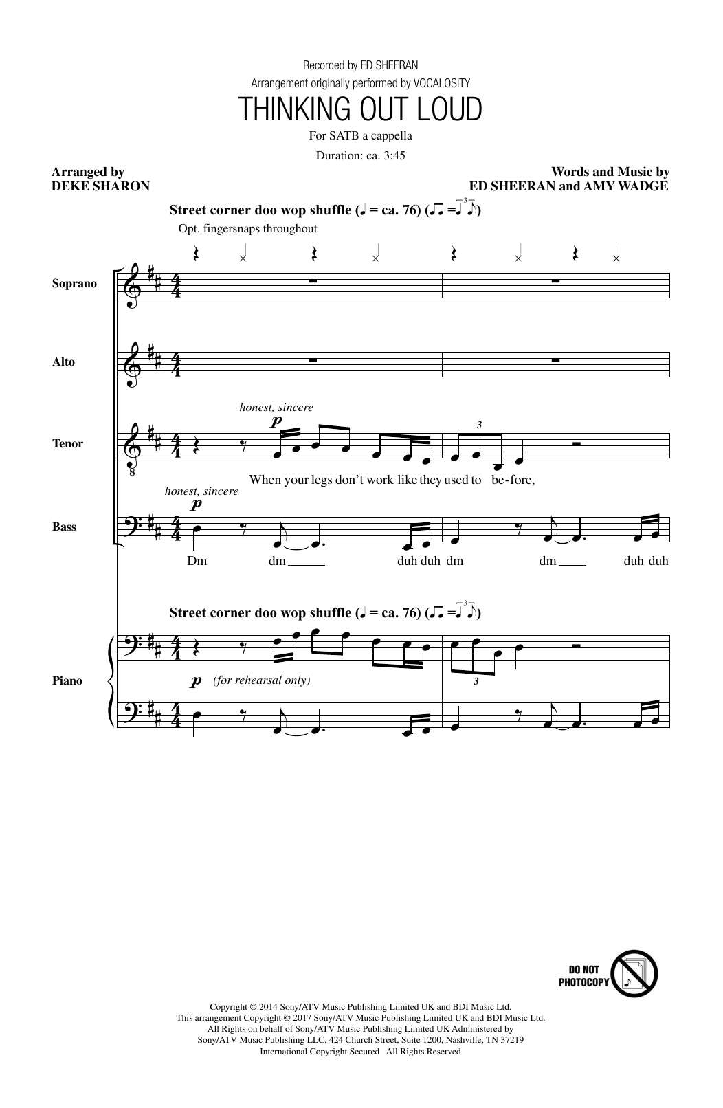 Download Deke Sharon Thinking Out Loud Sheet Music and learn how to play SATB PDF digital score in minutes
