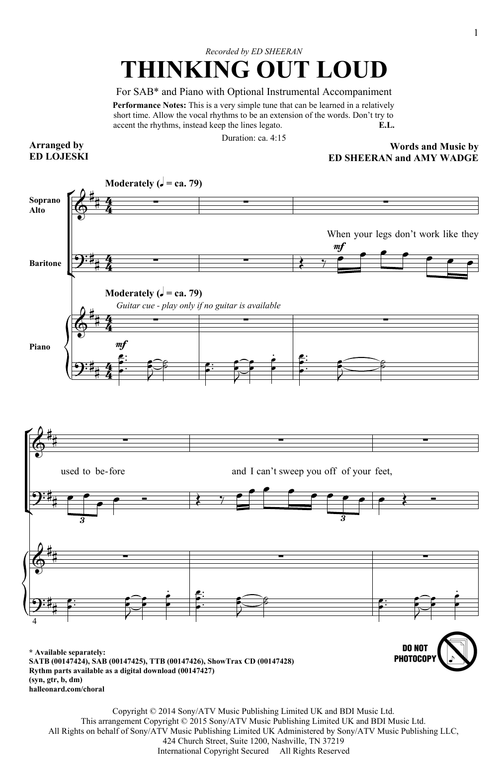 Download Ed Lojeski Thinking Out Loud Sheet Music and learn how to play SATB PDF digital score in minutes