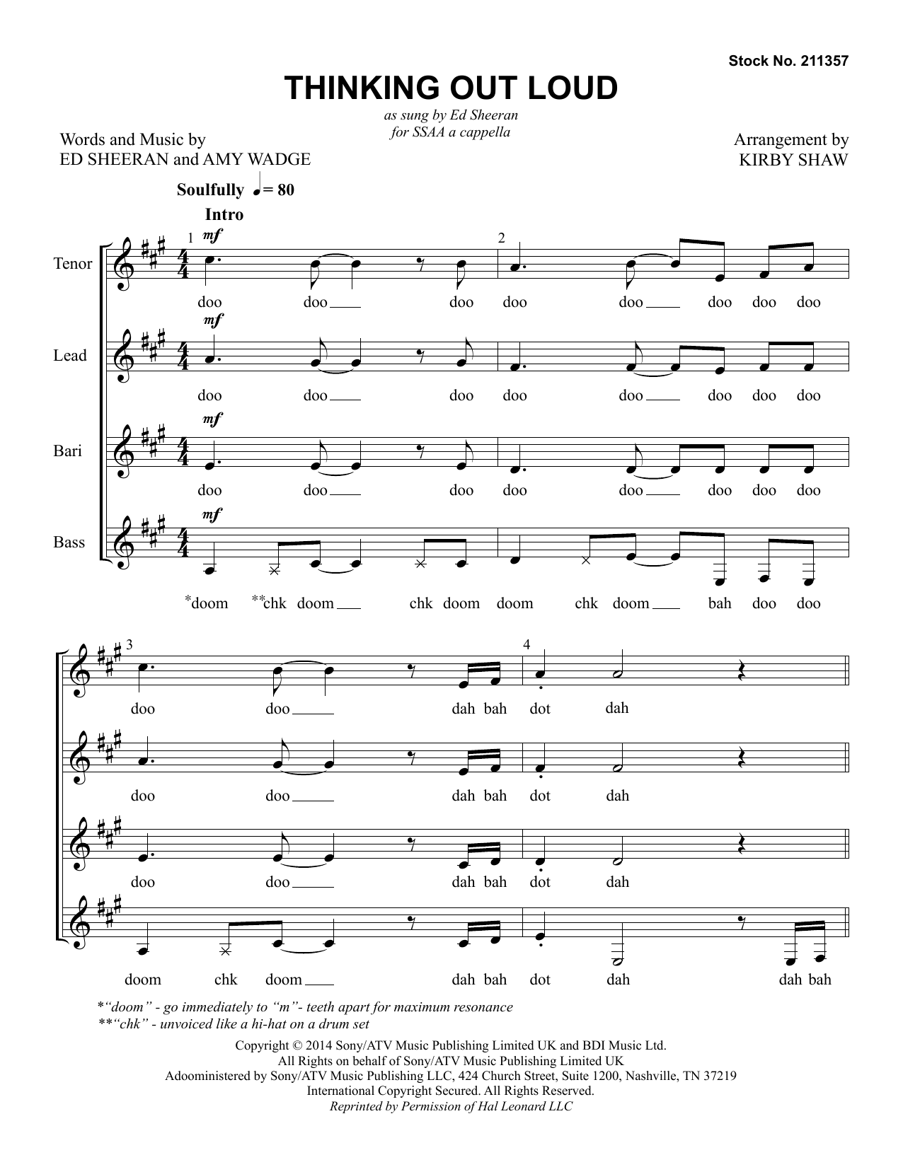 Download Ed Sheeran Thinking Out Loud (arr. Kirby Shaw) Sheet Music and learn how to play SSAA Choir PDF digital score in minutes