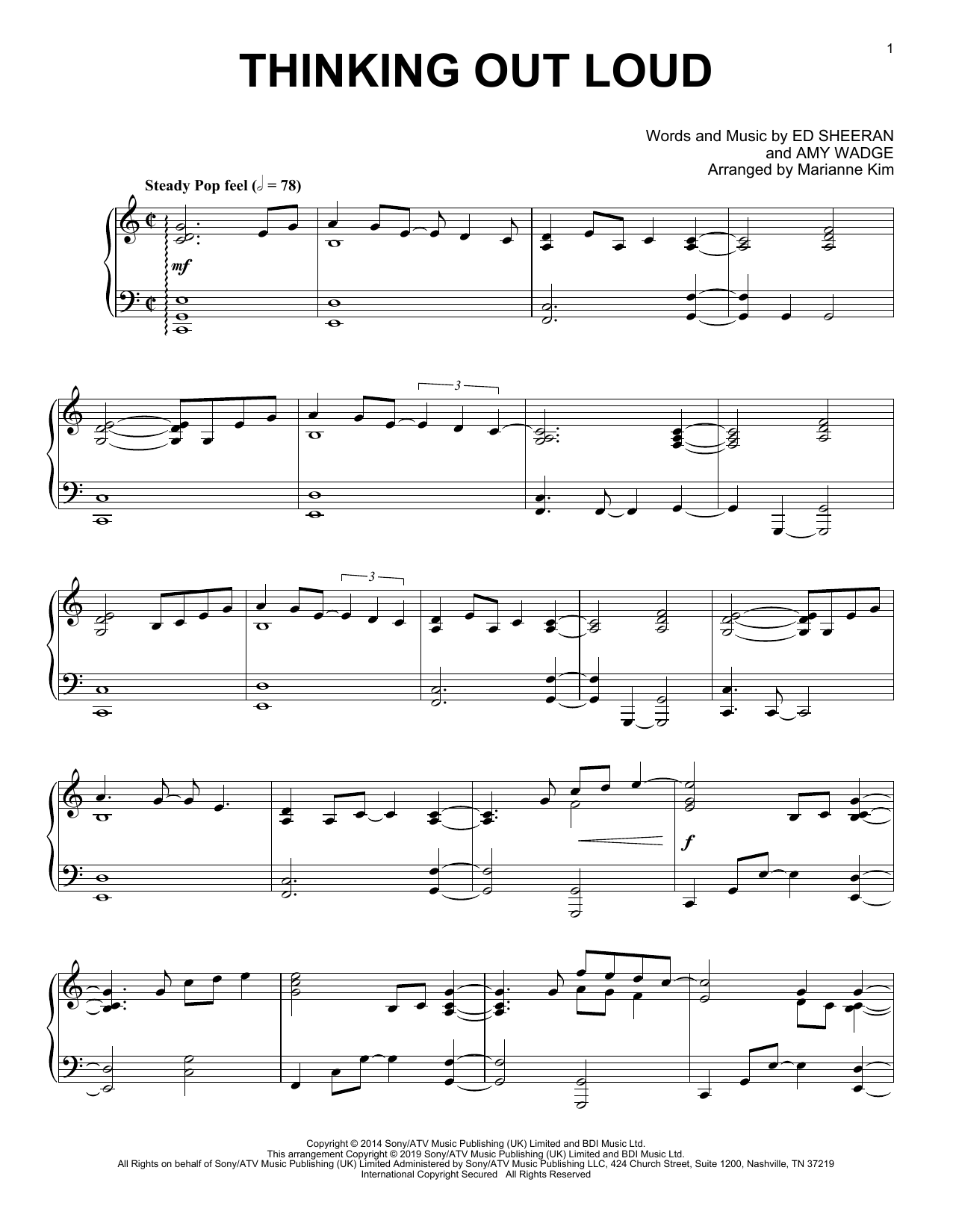 Download Ed Sheeran Thinking Out Loud (arr. Marianne Kim) Sheet Music and learn how to play Piano Solo PDF digital score in minutes