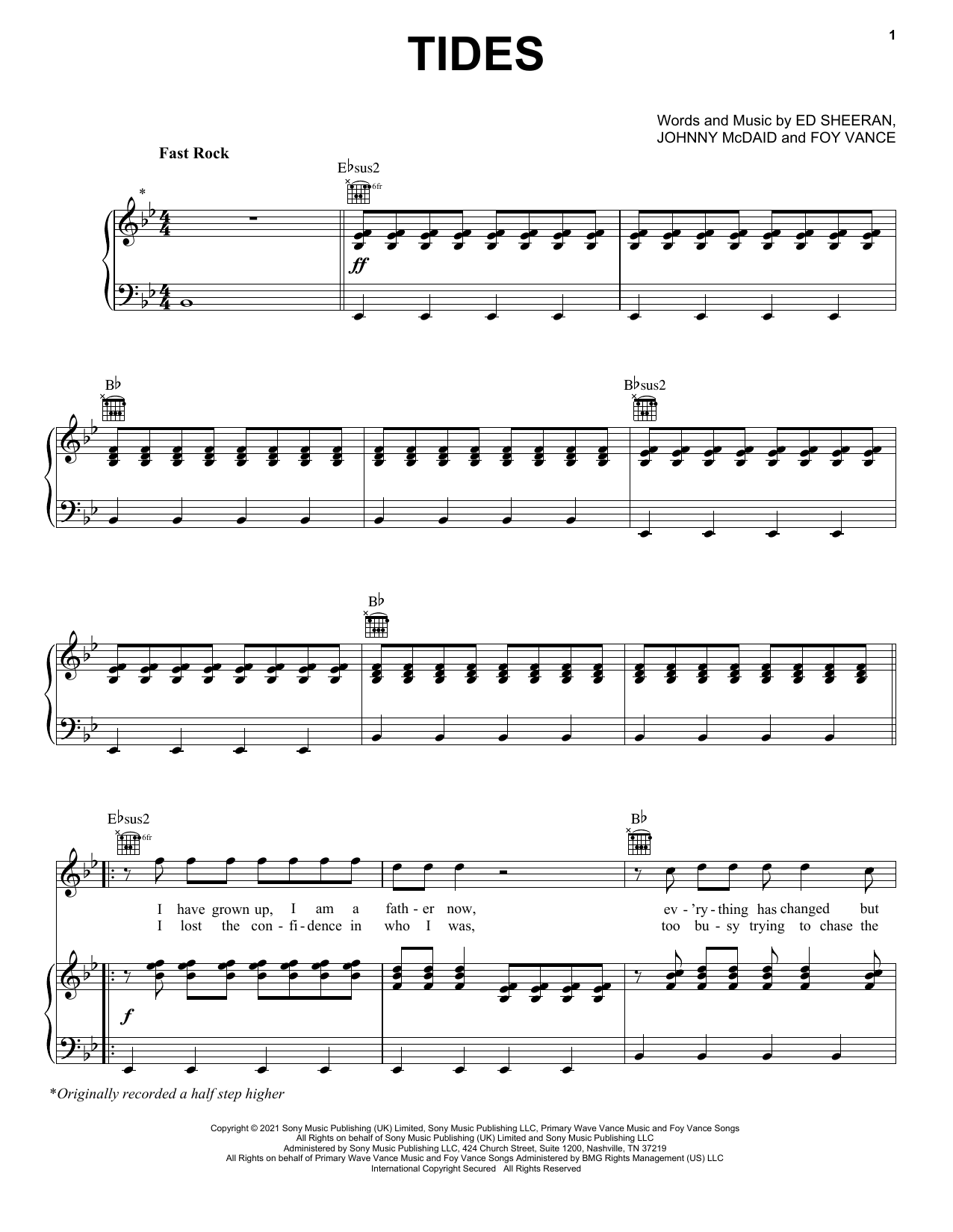 Download Ed Sheeran Tides Sheet Music and learn how to play Easy Piano PDF digital score in minutes