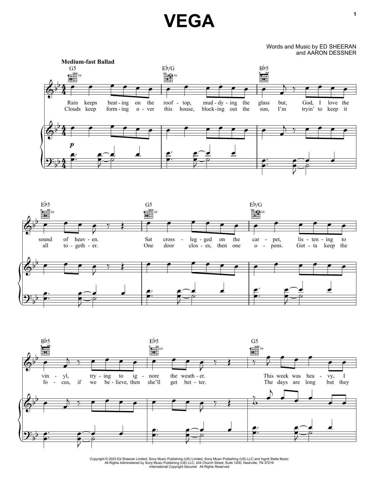 Download Ed Sheeran Vega Sheet Music and learn how to play Piano, Vocal & Guitar Chords (Right-Hand Melody) PDF digital score in minutes