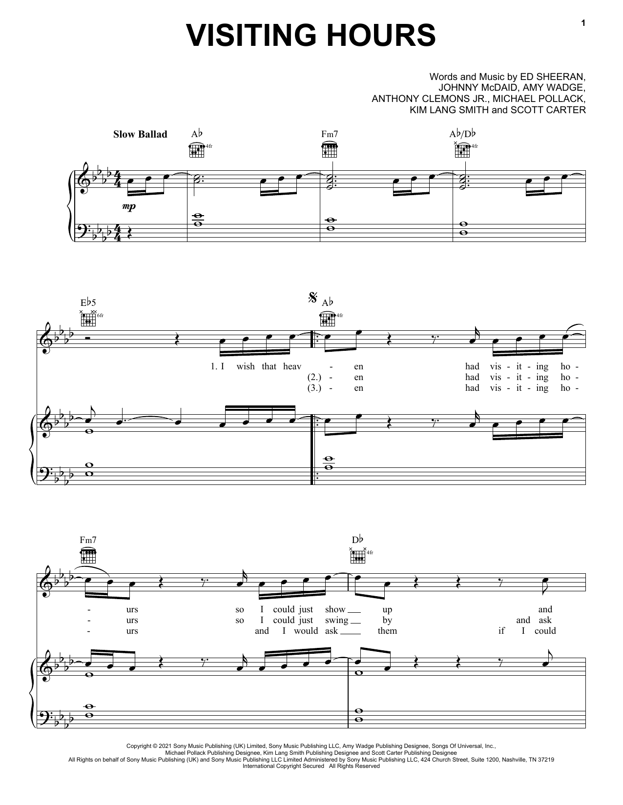 Download Ed Sheeran Visiting Hours Sheet Music and learn how to play Easy Piano PDF digital score in minutes