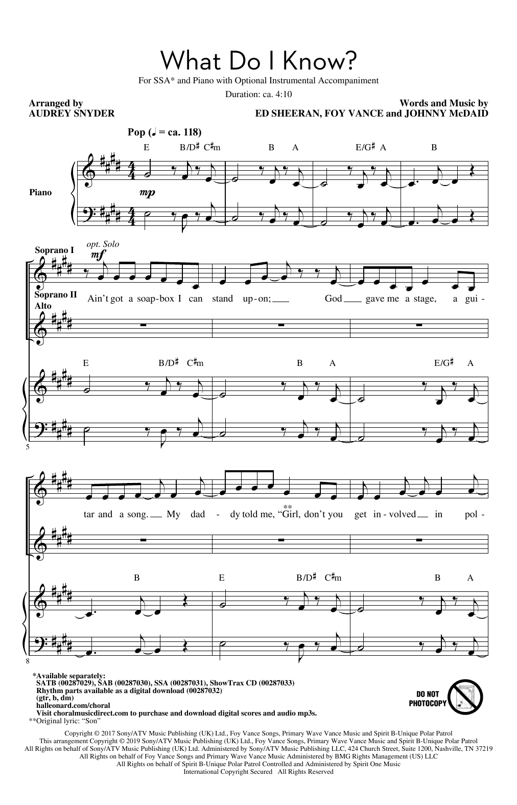 Download Ed Sheeran What Do I Know? (arr. Audrey Snyder) Sheet Music and learn how to play SSA Choir PDF digital score in minutes