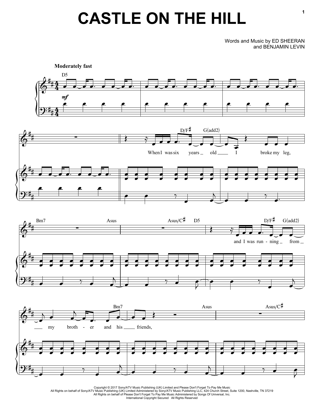 Glat Korridor bænk Ed Sheeran "Castle On The Hill" Sheet Music Notes | Download Printable PDF  Score 189213