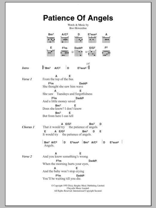 Download Eddi Reader Patience Of Angels Sheet Music and learn how to play Lyrics & Chords PDF digital score in minutes