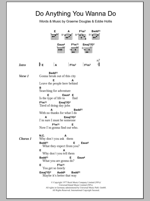 Download Eddie & The Hotrods Do Anything You Wanna Do Sheet Music and learn how to play Lyrics & Chords PDF digital score in minutes