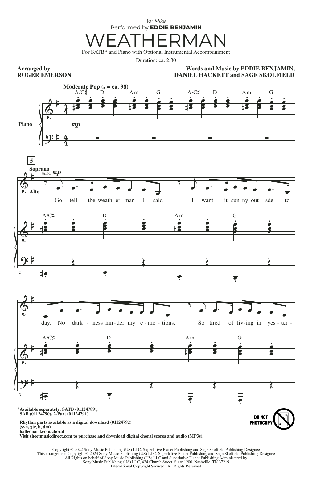 Download Eddie Benjamin Weatherman (arr. Roger Emerson) Sheet Music and learn how to play SAB Choir PDF digital score in minutes
