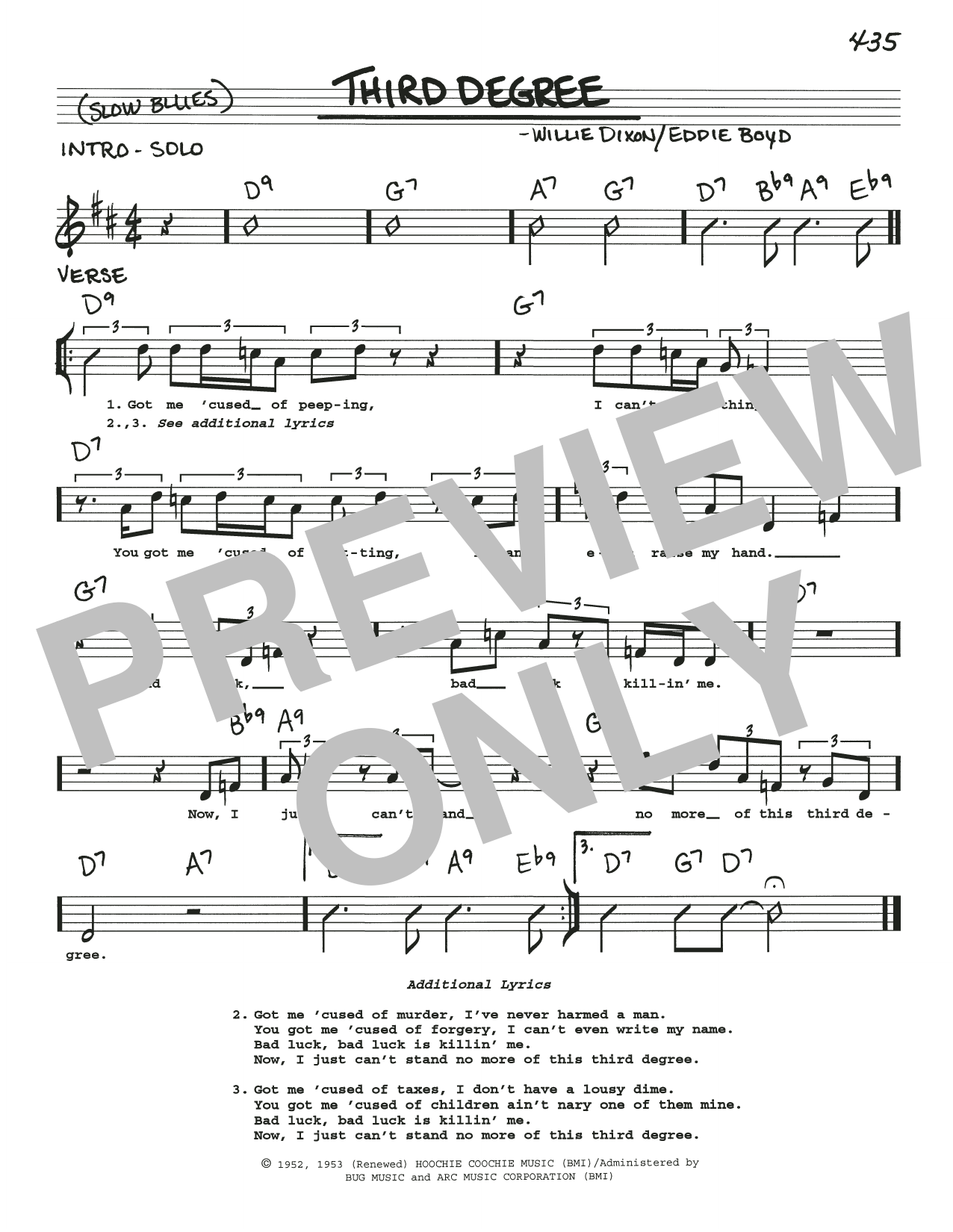 Download Eddie Boyd Third Degree Sheet Music and learn how to play Real Book – Melody, Lyrics & Chords PDF digital score in minutes