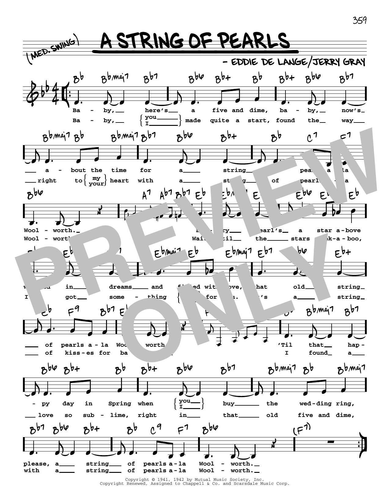Download Eddie De Lange A String Of Pearls (Low Voice) Sheet Music and learn how to play Real Book – Melody, Lyrics & Chords PDF digital score in minutes