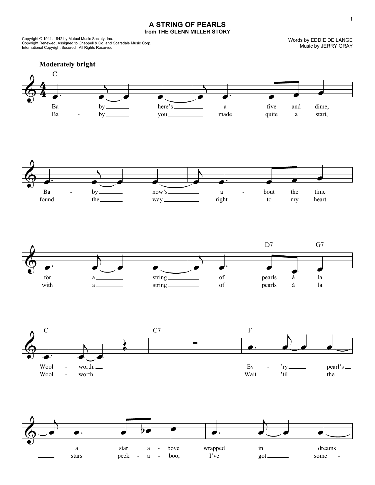 Download Eddie De Lange A String Of Pearls Sheet Music and learn how to play Melody Line, Lyrics & Chords PDF digital score in minutes