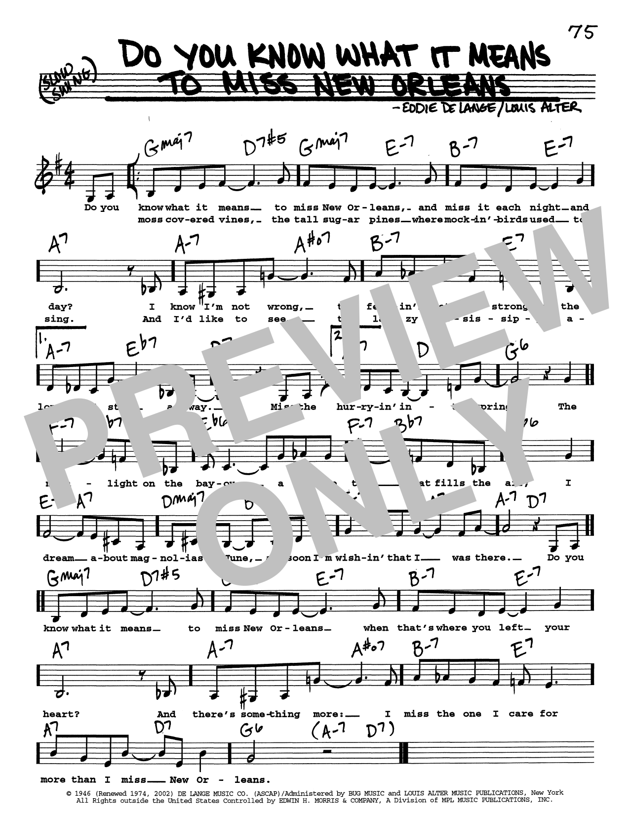 Download Eddie De Lange Do You Know What It Means To Miss New Orleans (Low Voice) Sheet Music and learn how to play Real Book – Melody, Lyrics & Chords PDF digital score in minutes