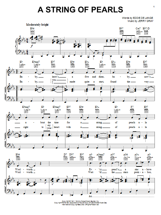 Download Eddie DeLange A String Of Pearls Sheet Music and learn how to play Piano, Vocal & Guitar (Right-Hand Melody) PDF digital score in minutes
