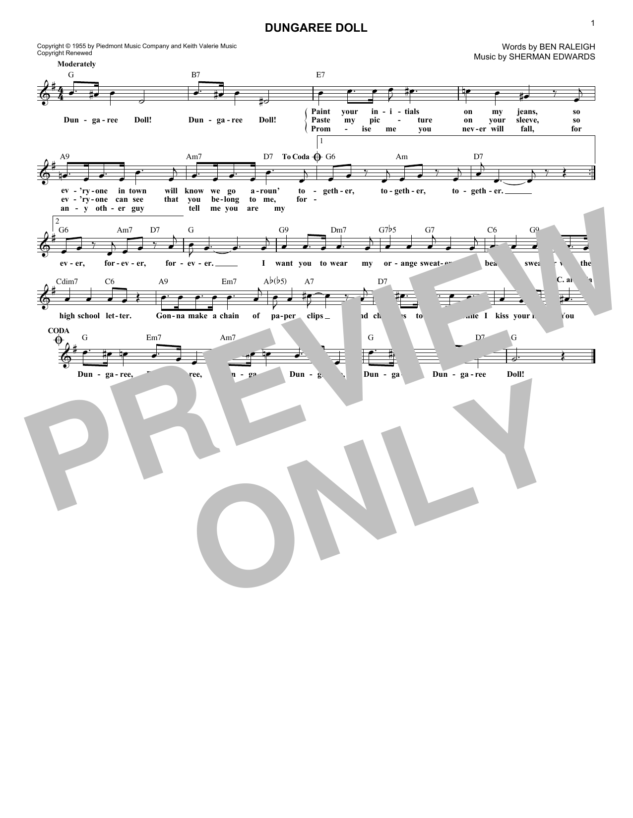 Download Eddie Fischer Dungaree Doll Sheet Music and learn how to play Melody Line, Lyrics & Chords PDF digital score in minutes