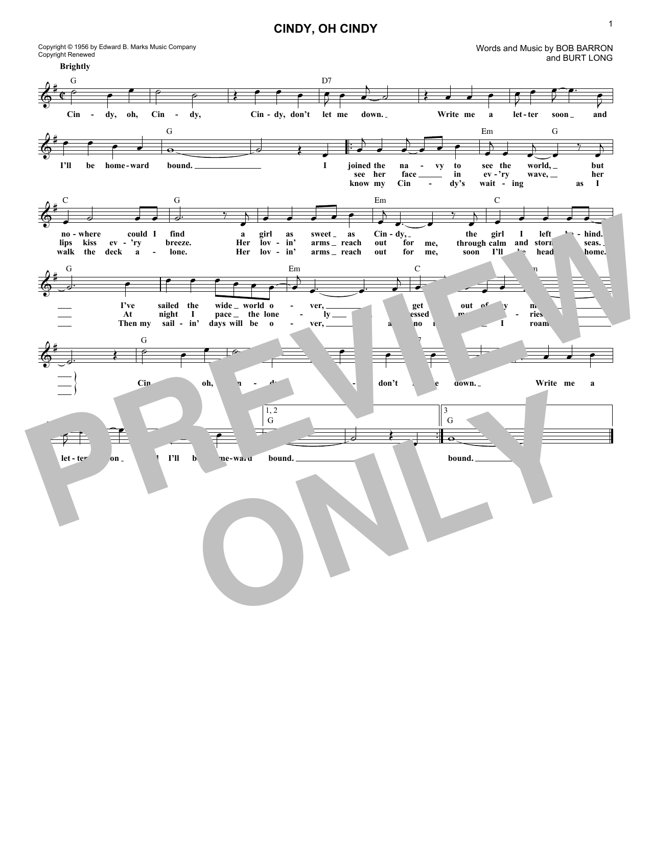 Download Eddie Fisher Cindy, Oh Cindy Sheet Music and learn how to play Melody Line, Lyrics & Chords PDF digital score in minutes