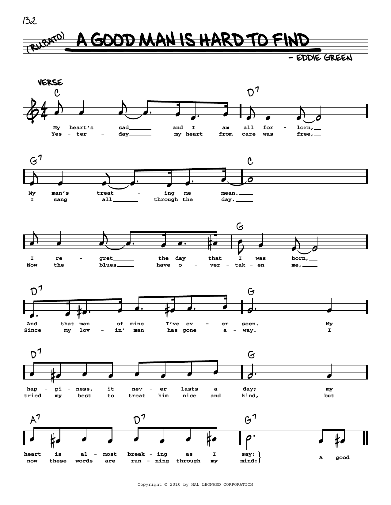 Download Eddie Green A Good Man Is Hard To Find (arr. Robert Rawlins) Sheet Music and learn how to play Real Book – Melody, Lyrics & Chords PDF digital score in minutes