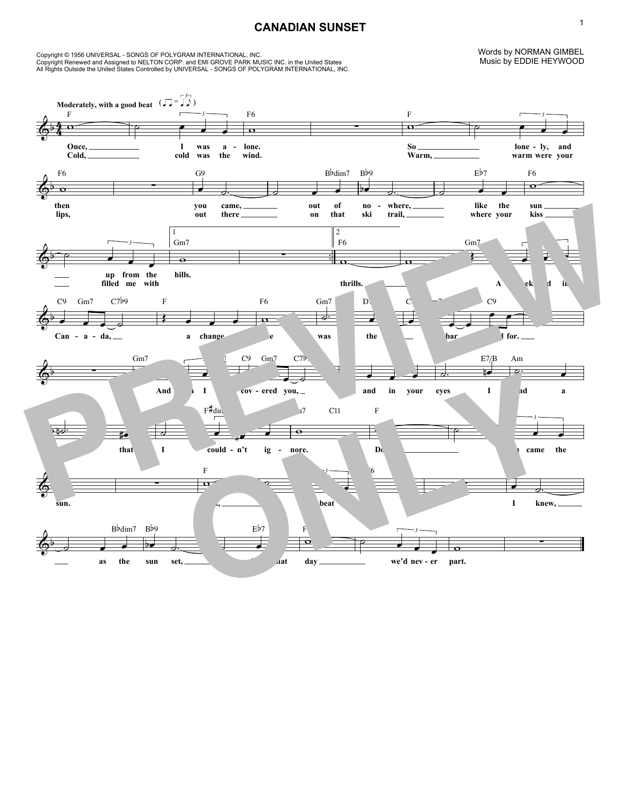 Download Eddie Heywood Canadian Sunset Sheet Music and learn how to play Melody Line, Lyrics & Chords PDF digital score in minutes