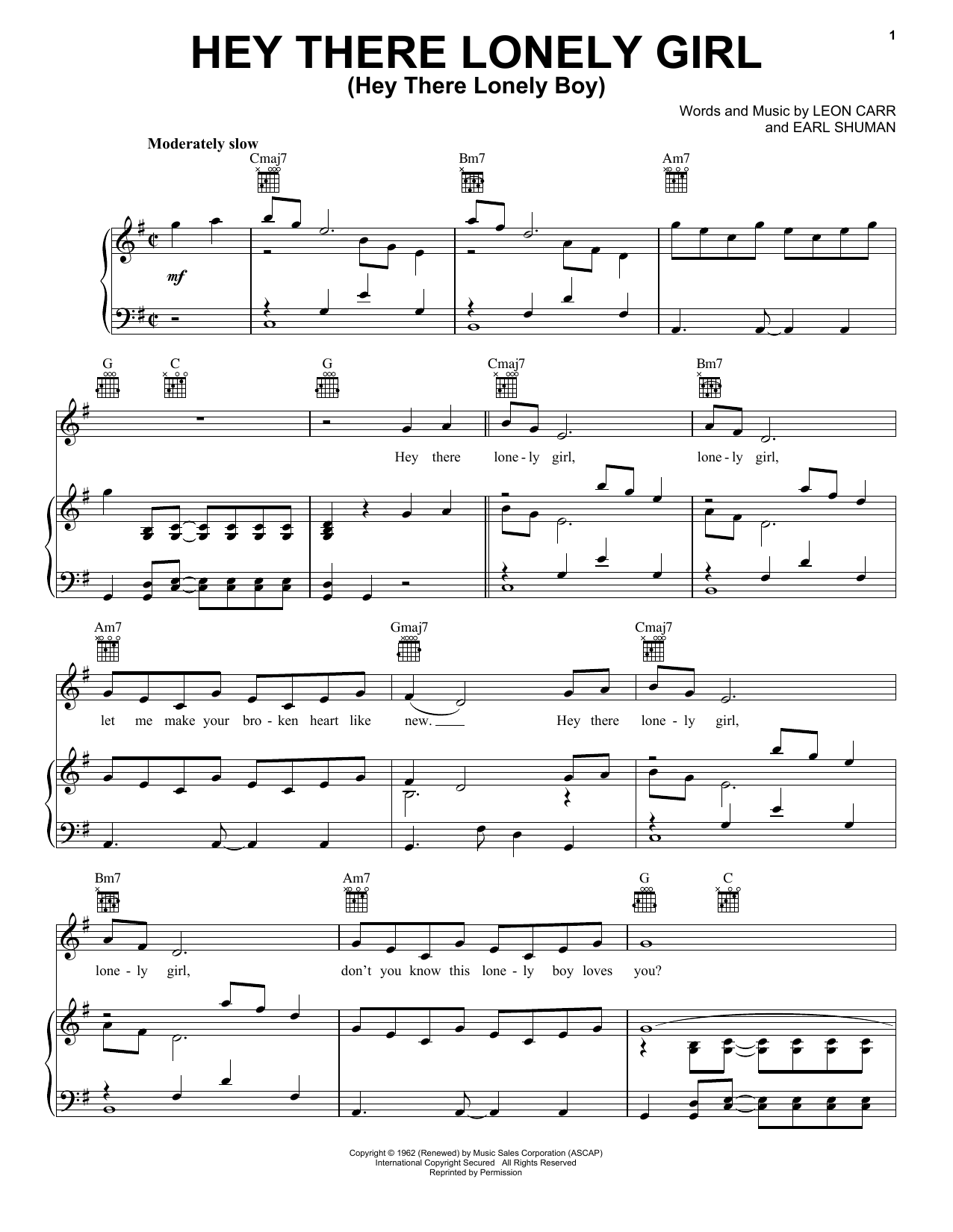 Download Eddie Holman Hey There Lonely Girl (Hey There Lonely Boy) Sheet Music and learn how to play Piano, Vocal & Guitar Chords (Right-Hand Melody) PDF digital score in minutes