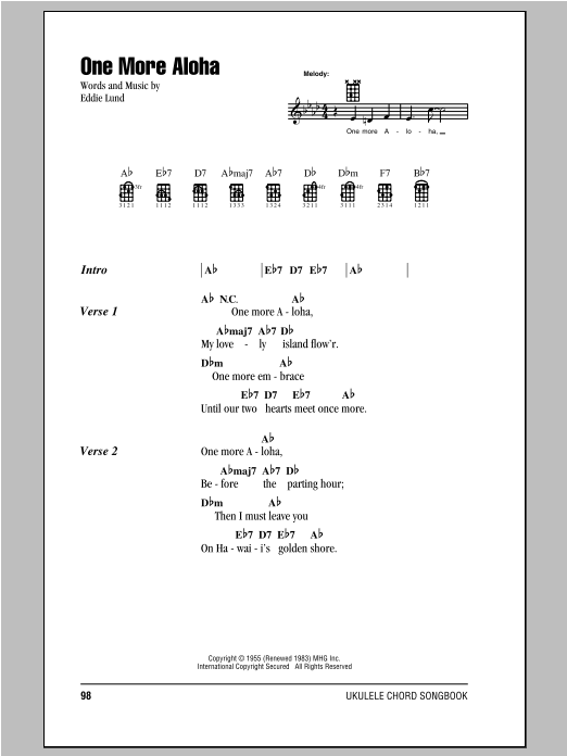 Download Eddie Lund One More Aloha Sheet Music and learn how to play Ukulele with strumming patterns PDF digital score in minutes
