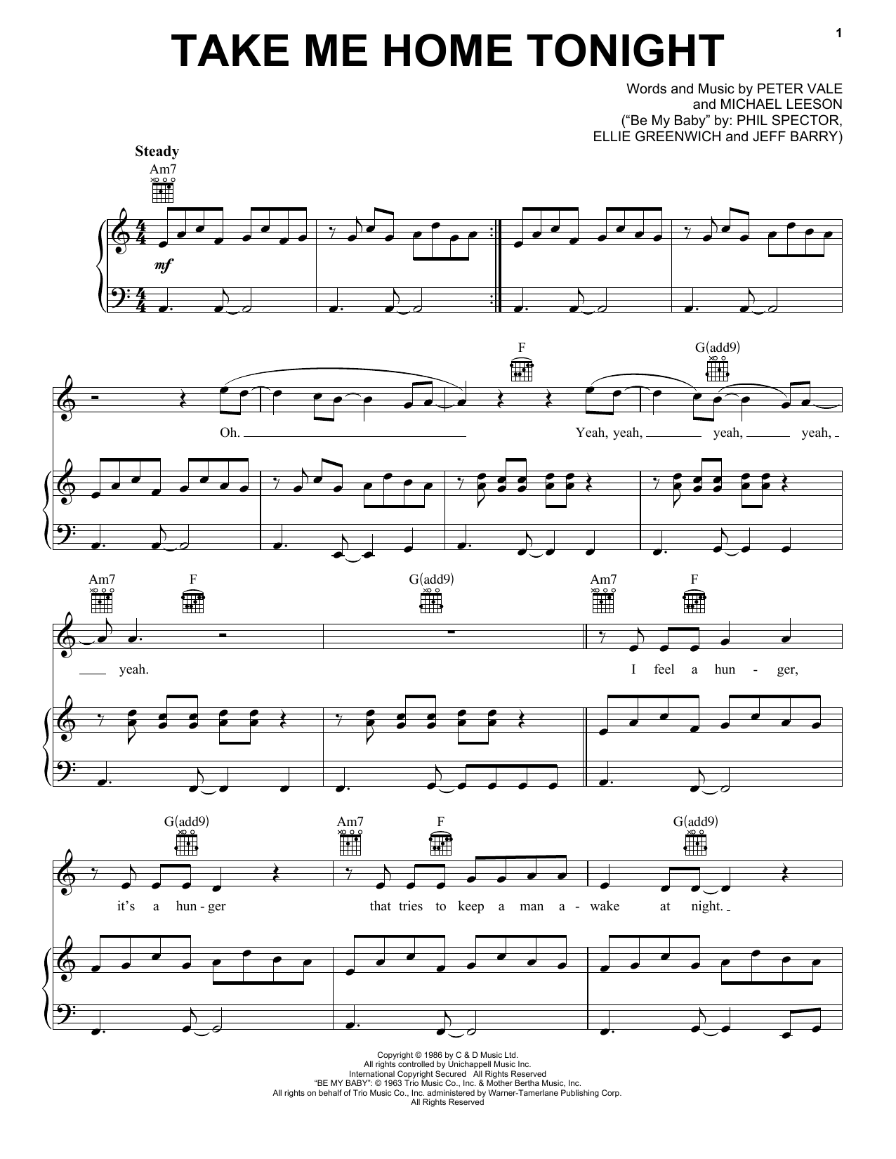 Download Eddie Money Take Me Home Tonight Sheet Music and learn how to play Piano, Vocal & Guitar Chords (Right-Hand Melody) PDF digital score in minutes