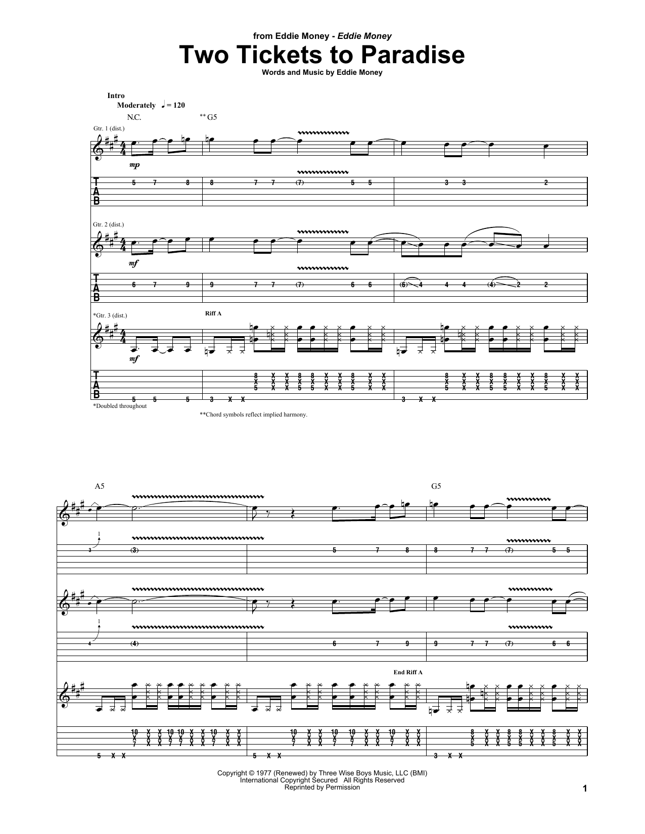 Download Eddie Money Two Tickets To Paradise Sheet Music and learn how to play Lyrics & Chords PDF digital score in minutes