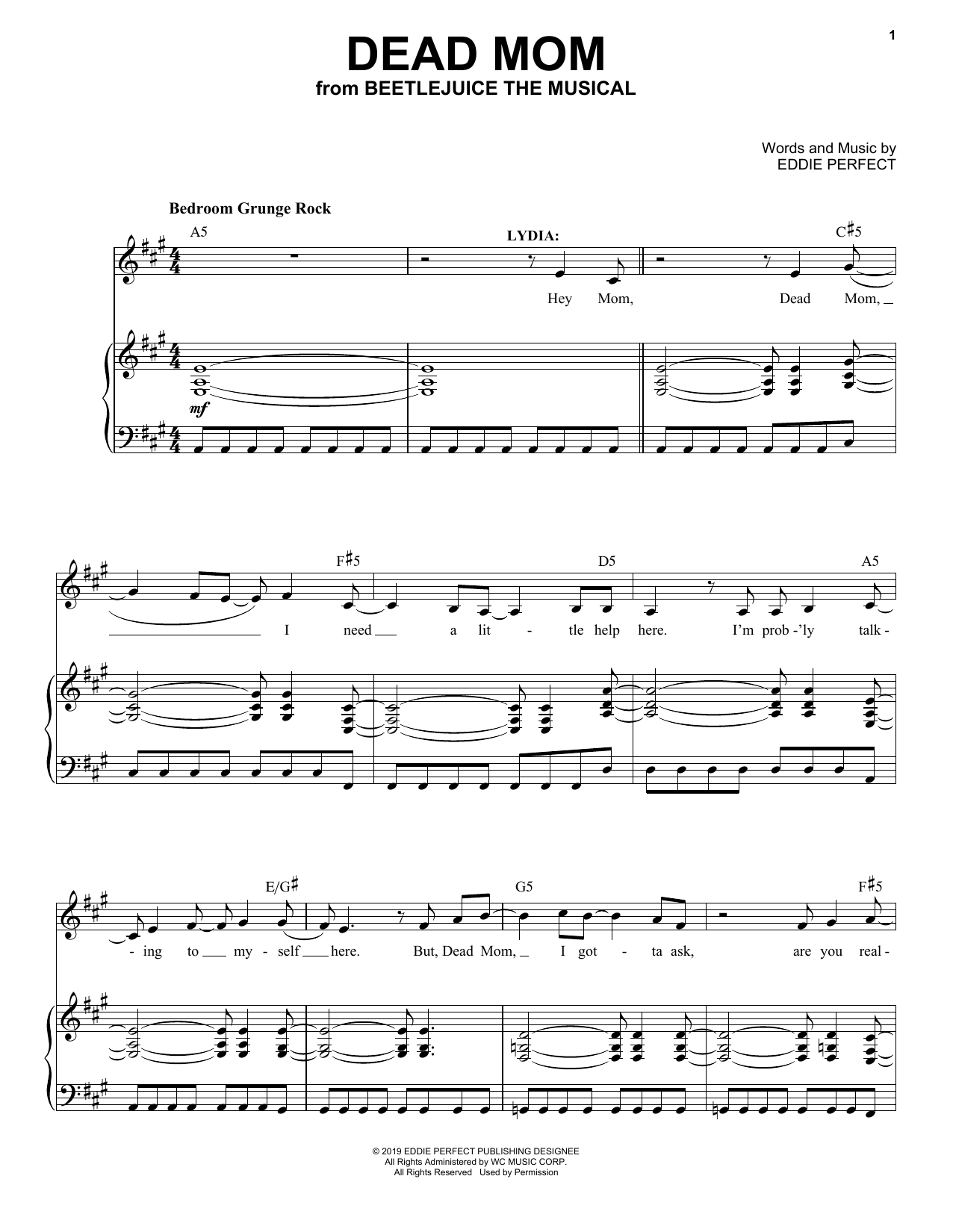 Download Eddie Perfect Dead Mom (from Beetlejuice The Musical) Sheet Music and learn how to play Instrumental Solo – Treble Clef Low Range PDF digital score in minutes