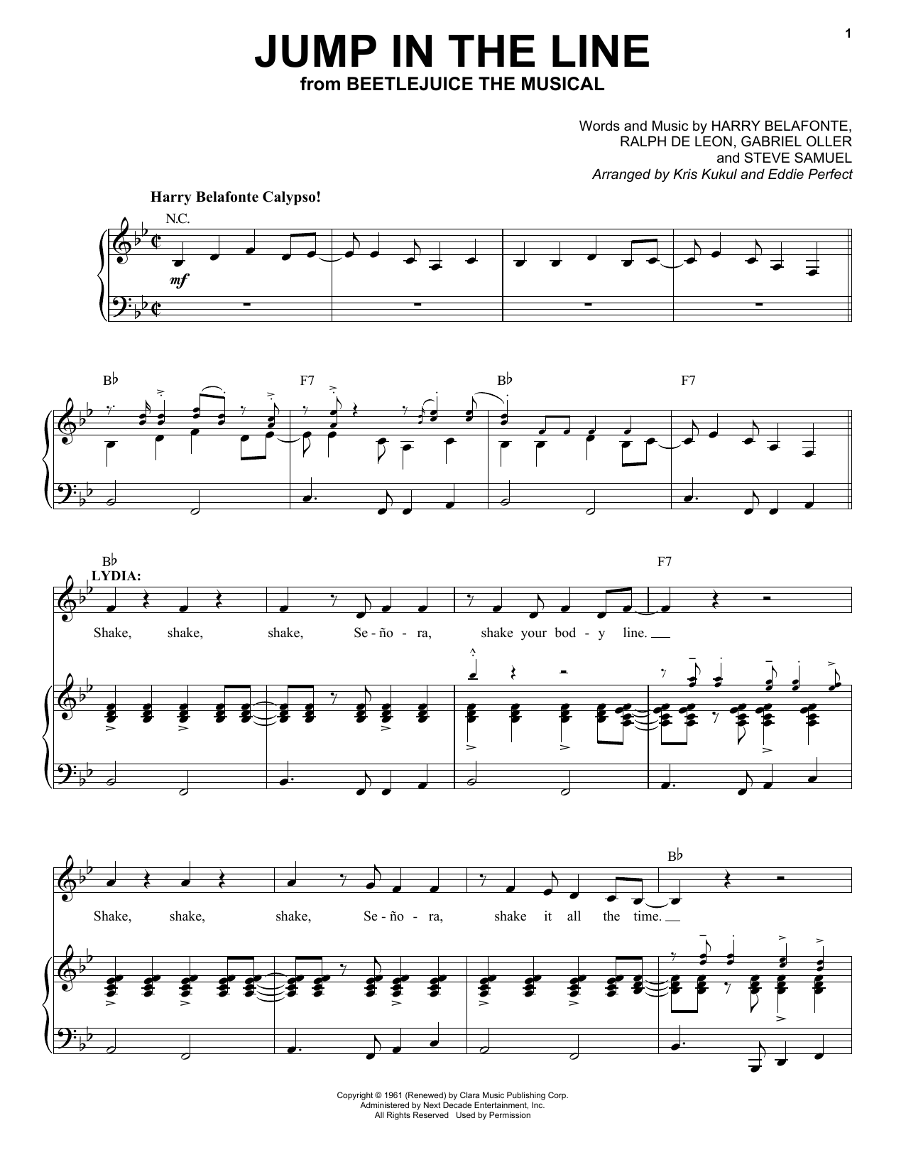 Download Eddie Perfect Jump In The Line (from Beetlejuice The Musical) (arr. Kris Kulul and Eddie Perfe Sheet Music and learn how to play Piano & Vocal PDF digital score in minutes