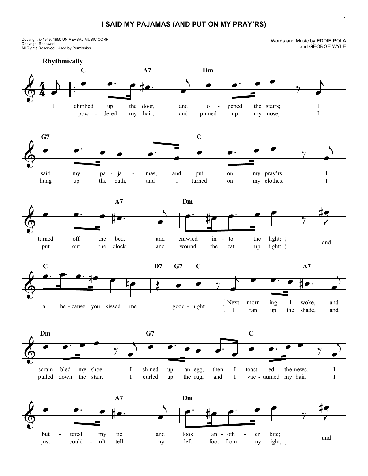 Download Eddie Pola I Said My Pajamas (And Put On My Pray'rs) Sheet Music and learn how to play Melody Line, Lyrics & Chords PDF digital score in minutes