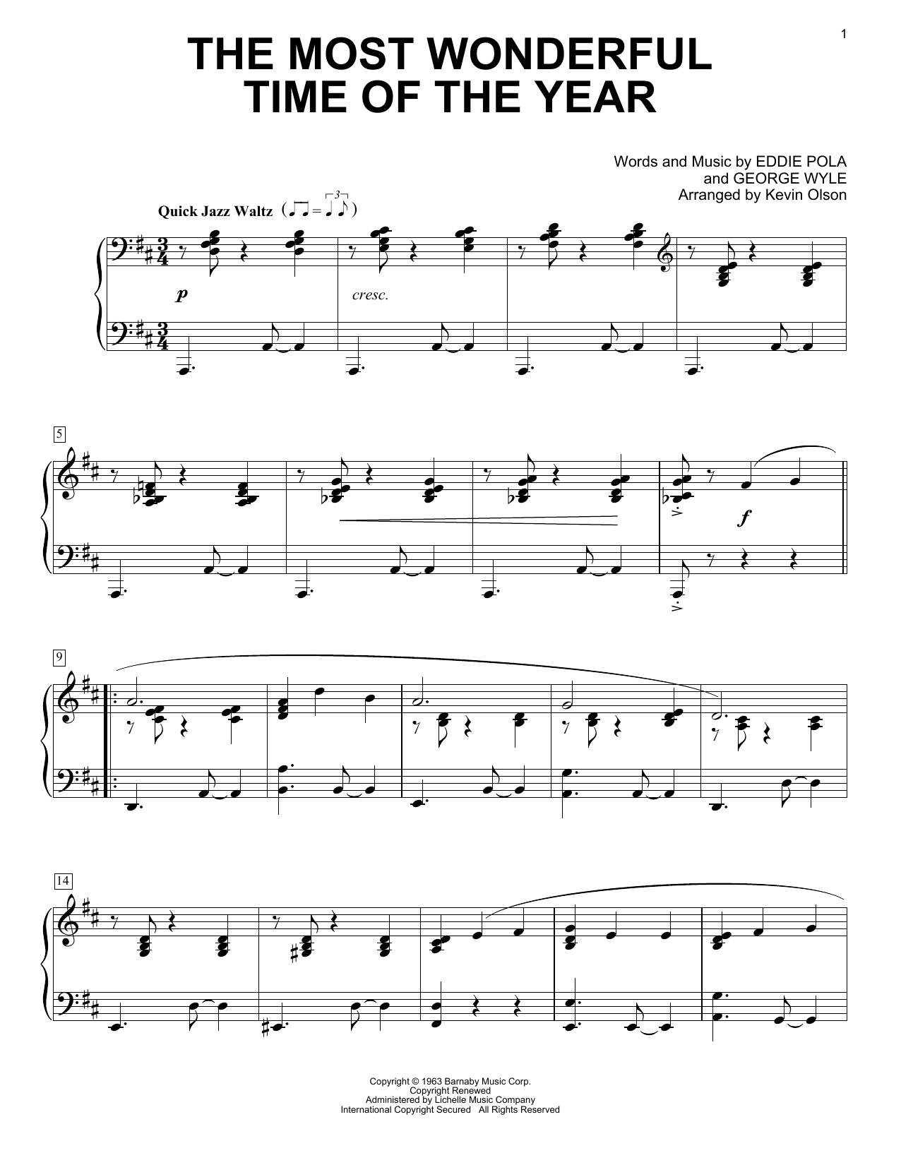 Download Eddie Pola The Most Wonderful Time Of The Year (arr. Kevin Olson) Sheet Music and learn how to play Easy Piano Solo PDF digital score in minutes