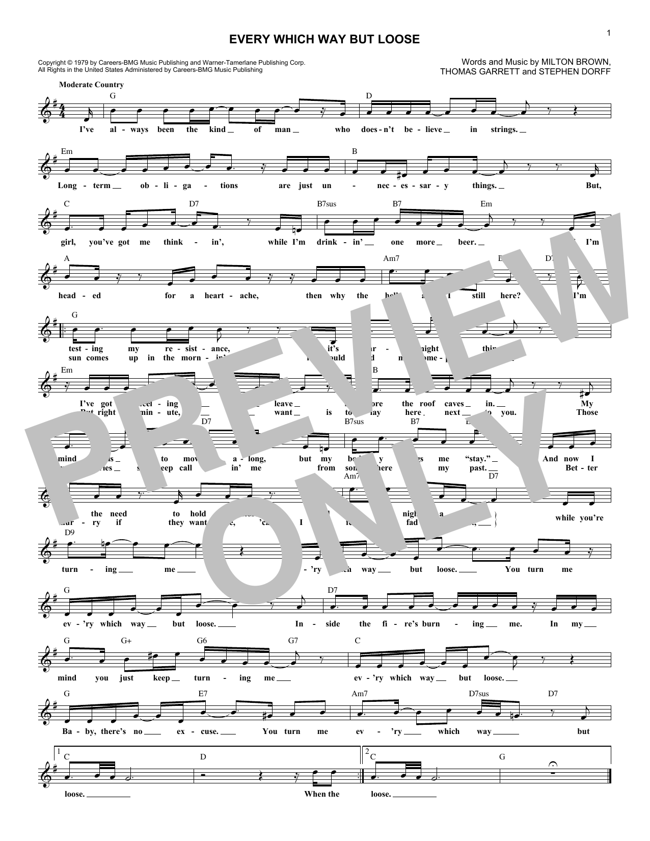 Download Eddie Rabbit Every Which Way But Loose Sheet Music and learn how to play Real Book – Melody, Lyrics & Chords PDF digital score in minutes