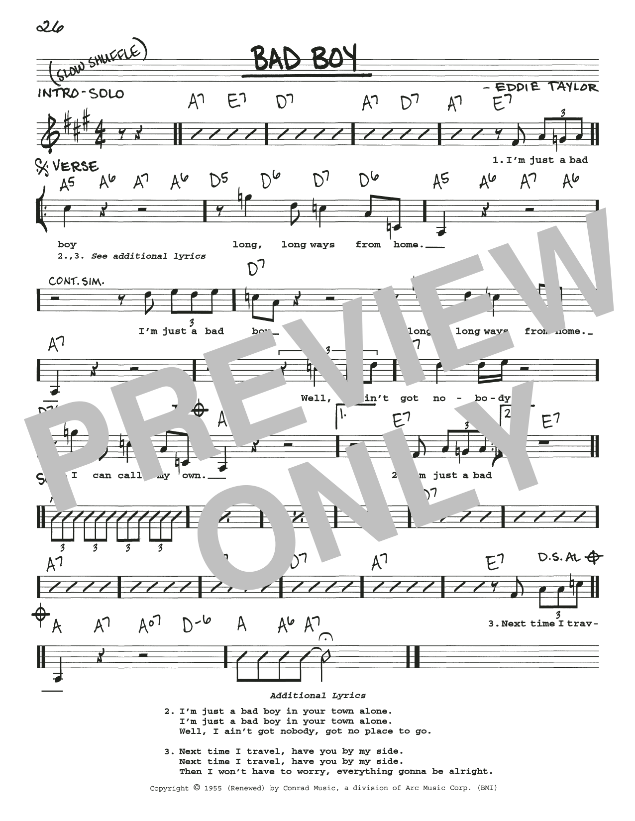 Download Eddie Taylor Bad Boy Sheet Music and learn how to play Real Book – Melody, Lyrics & Chords PDF digital score in minutes