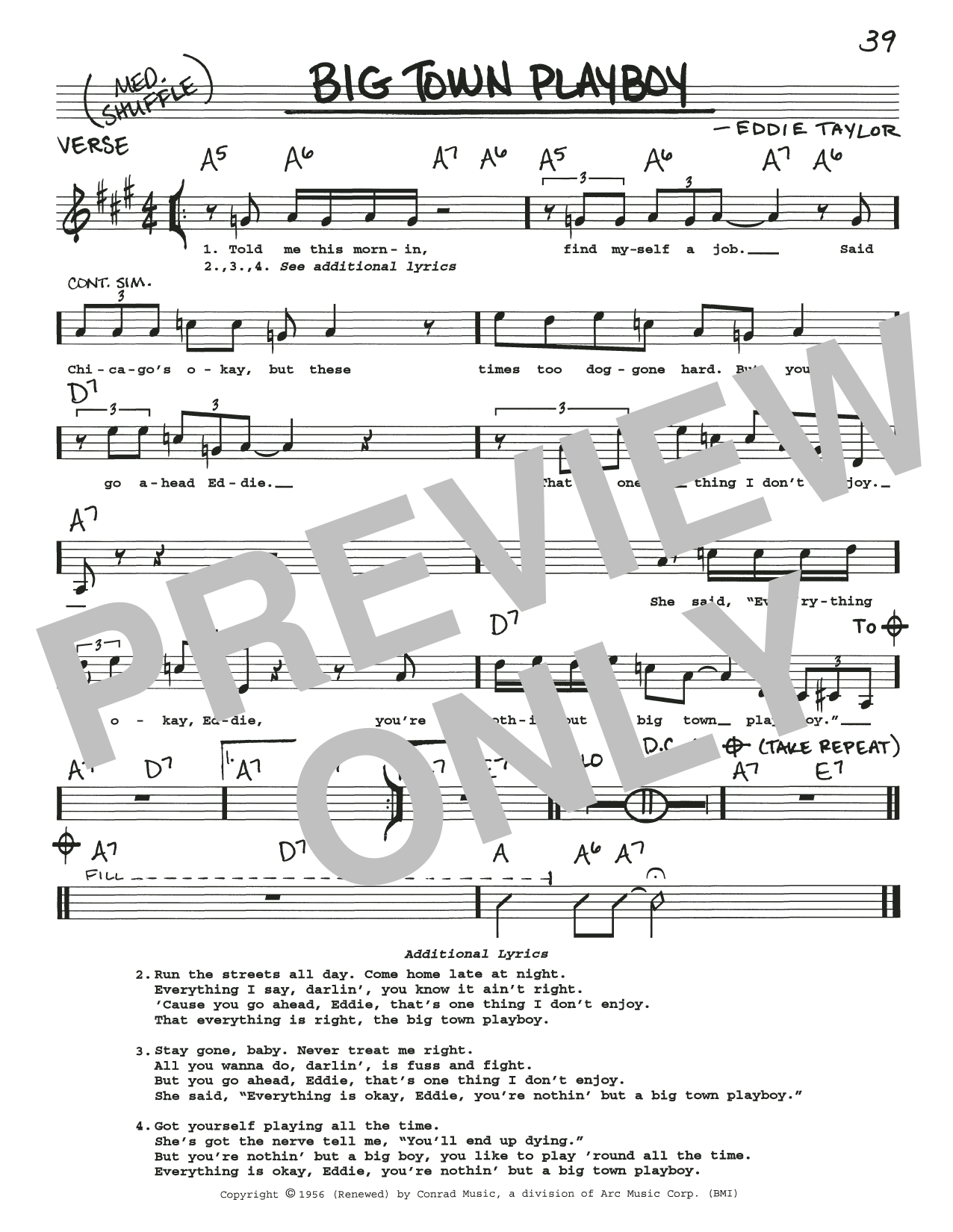 Download Eddie Taylor Big Town Playboy Sheet Music and learn how to play Real Book – Melody, Lyrics & Chords PDF digital score in minutes