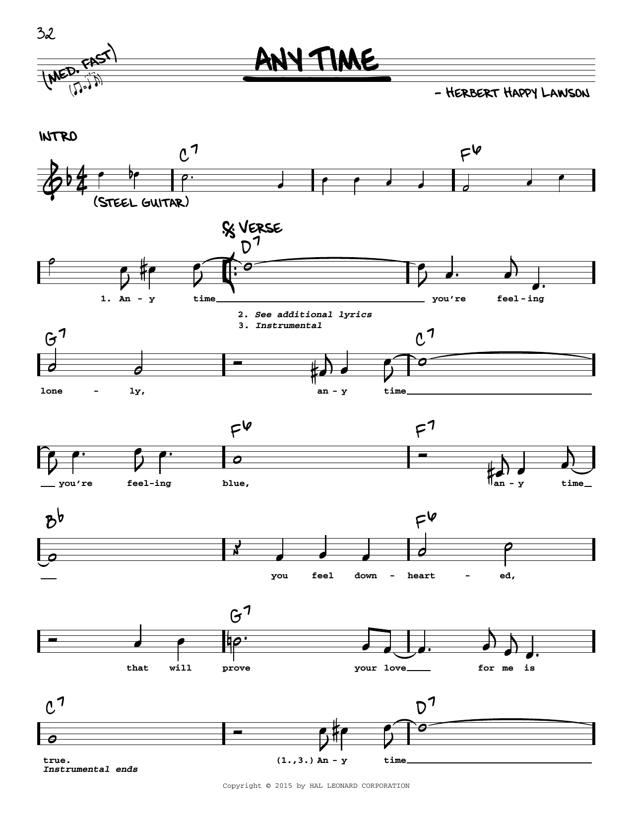 Download Eddy Arnold Any Time Sheet Music and learn how to play Real Book – Melody, Lyrics & Chords PDF digital score in minutes