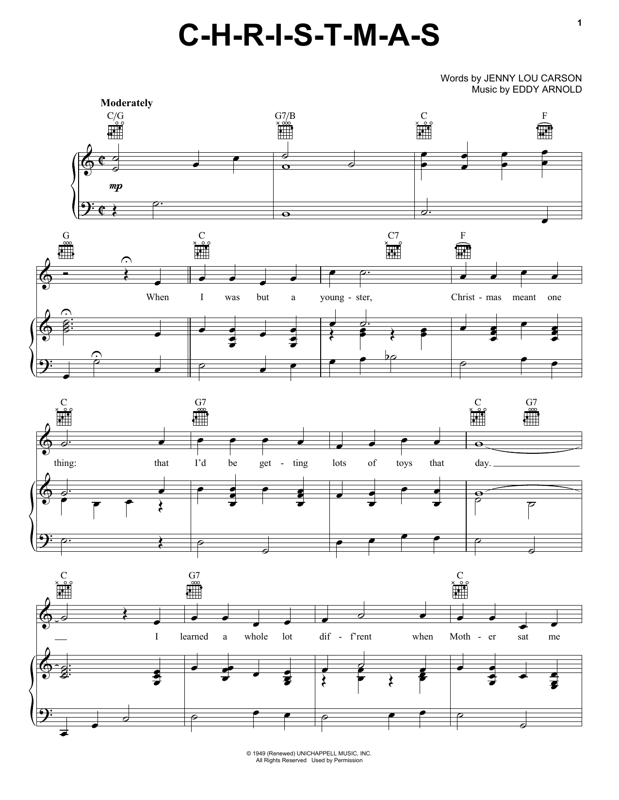 Download Eddy Arnold C-H-R-I-S-T-M-A-S Sheet Music and learn how to play Super Easy Piano PDF digital score in minutes