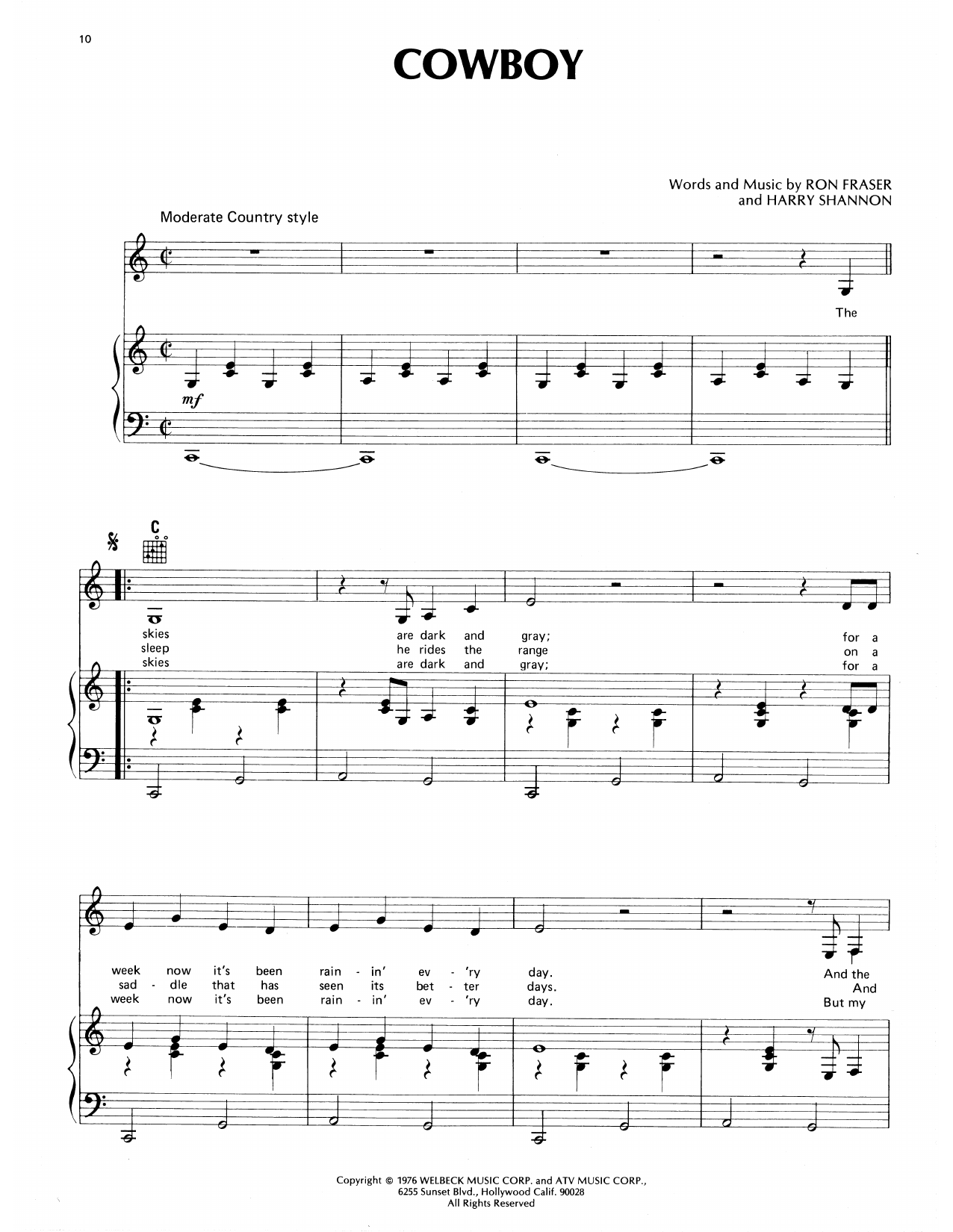 Download Eddy Arnold Cowboy Sheet Music and learn how to play Piano, Vocal & Guitar Chords (Right-Hand Melody) PDF digital score in minutes
