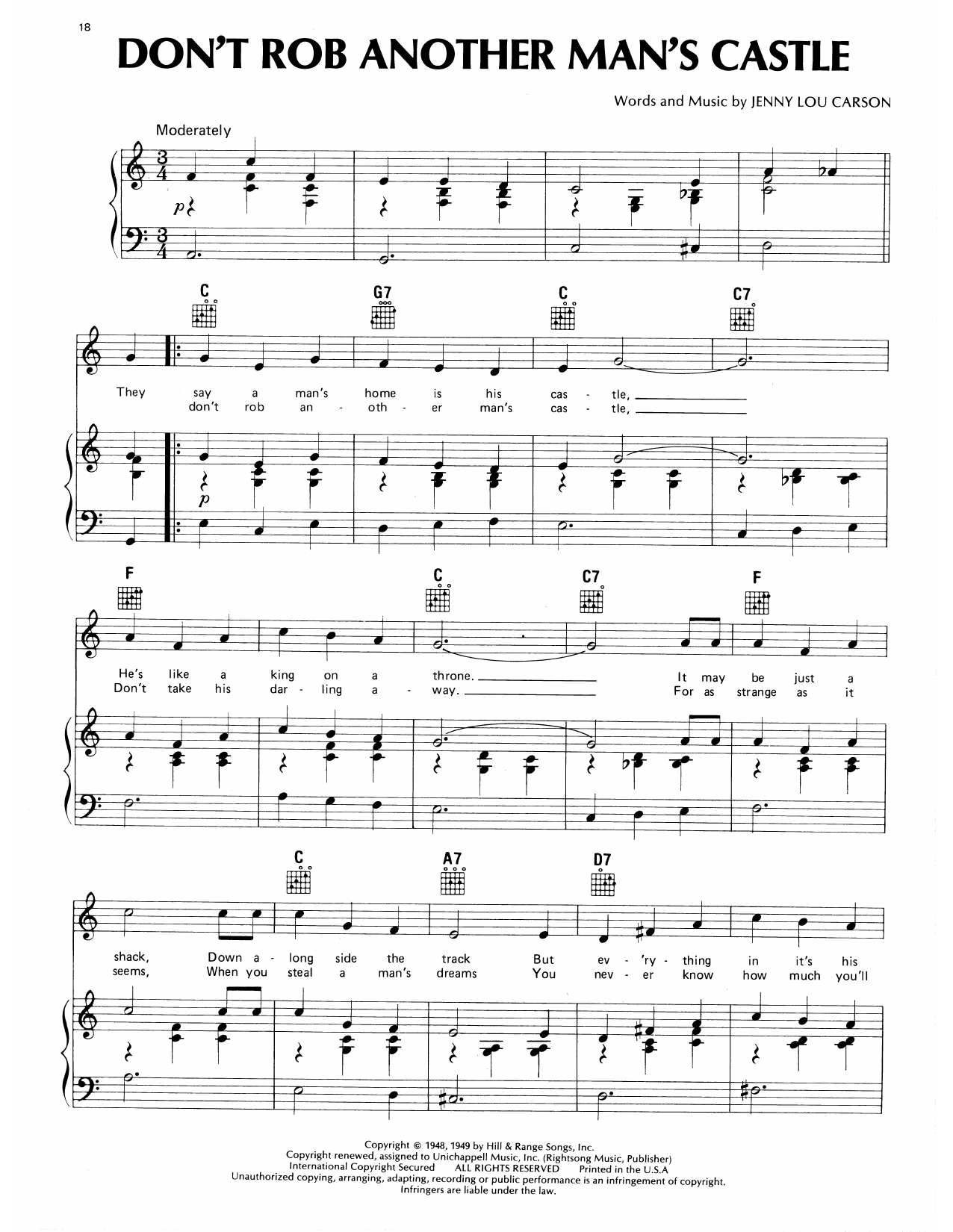 Download Eddy Arnold Don't Rob Another Man's Castle Sheet Music and learn how to play Piano, Vocal & Guitar Chords (Right-Hand Melody) PDF digital score in minutes