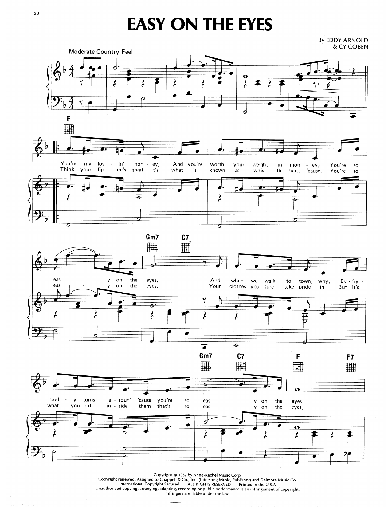 Download Eddy Arnold Easy On The Eyes Sheet Music and learn how to play Piano, Vocal & Guitar Chords (Right-Hand Melody) PDF digital score in minutes