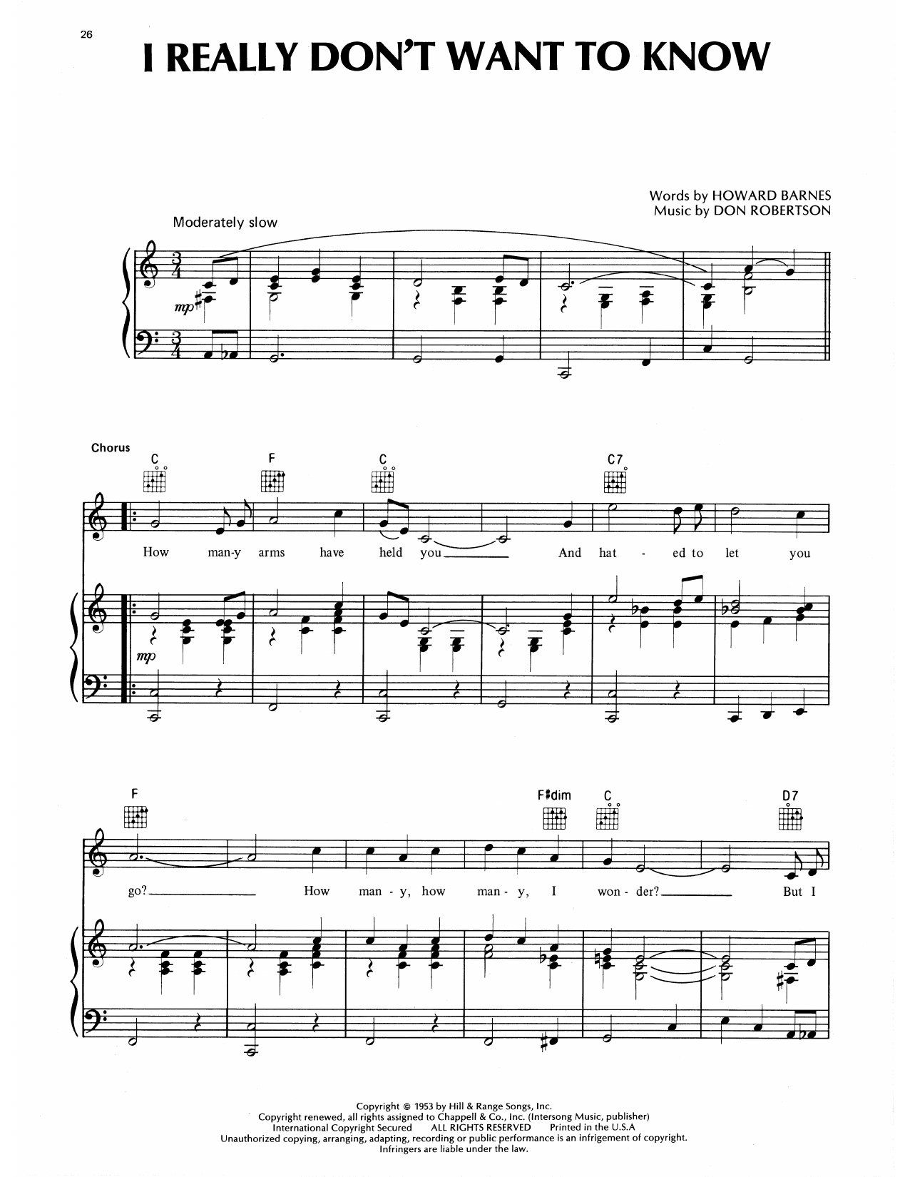 Download Eddy Arnold I Really Don't Want To Know Sheet Music and learn how to play Piano, Vocal & Guitar Chords (Right-Hand Melody) PDF digital score in minutes