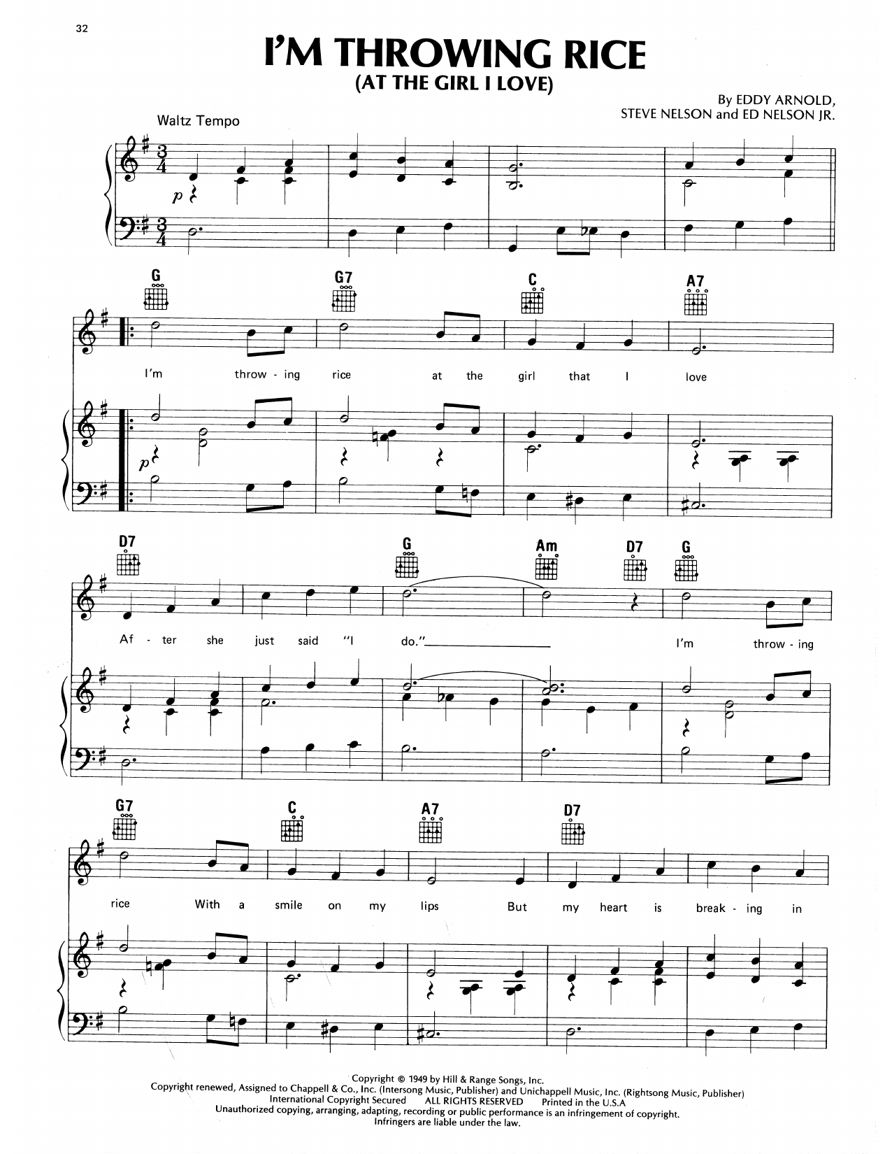 Download Eddy Arnold I'm Throwing Rice Sheet Music and learn how to play Piano, Vocal & Guitar Chords (Right-Hand Melody) PDF digital score in minutes