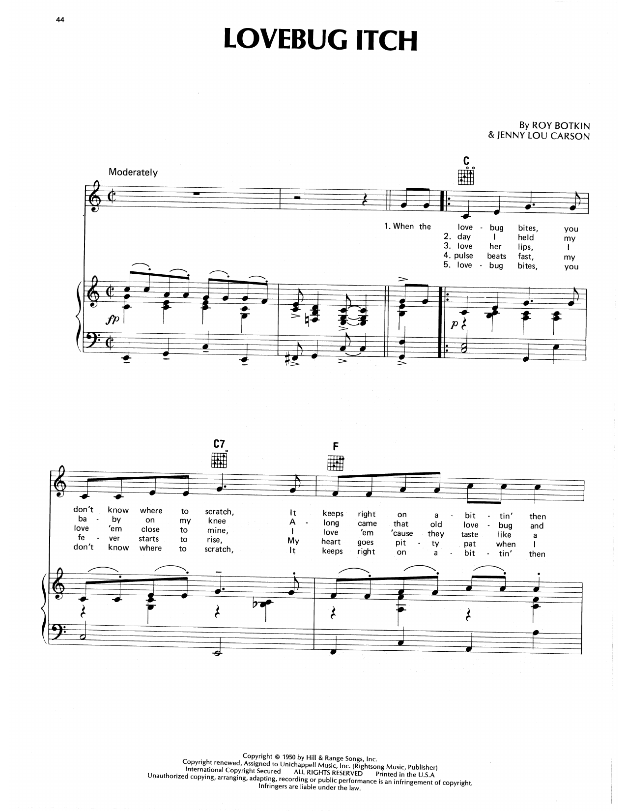 Download Eddy Arnold Lovebug Itch Sheet Music and learn how to play Piano, Vocal & Guitar Chords (Right-Hand Melody) PDF digital score in minutes