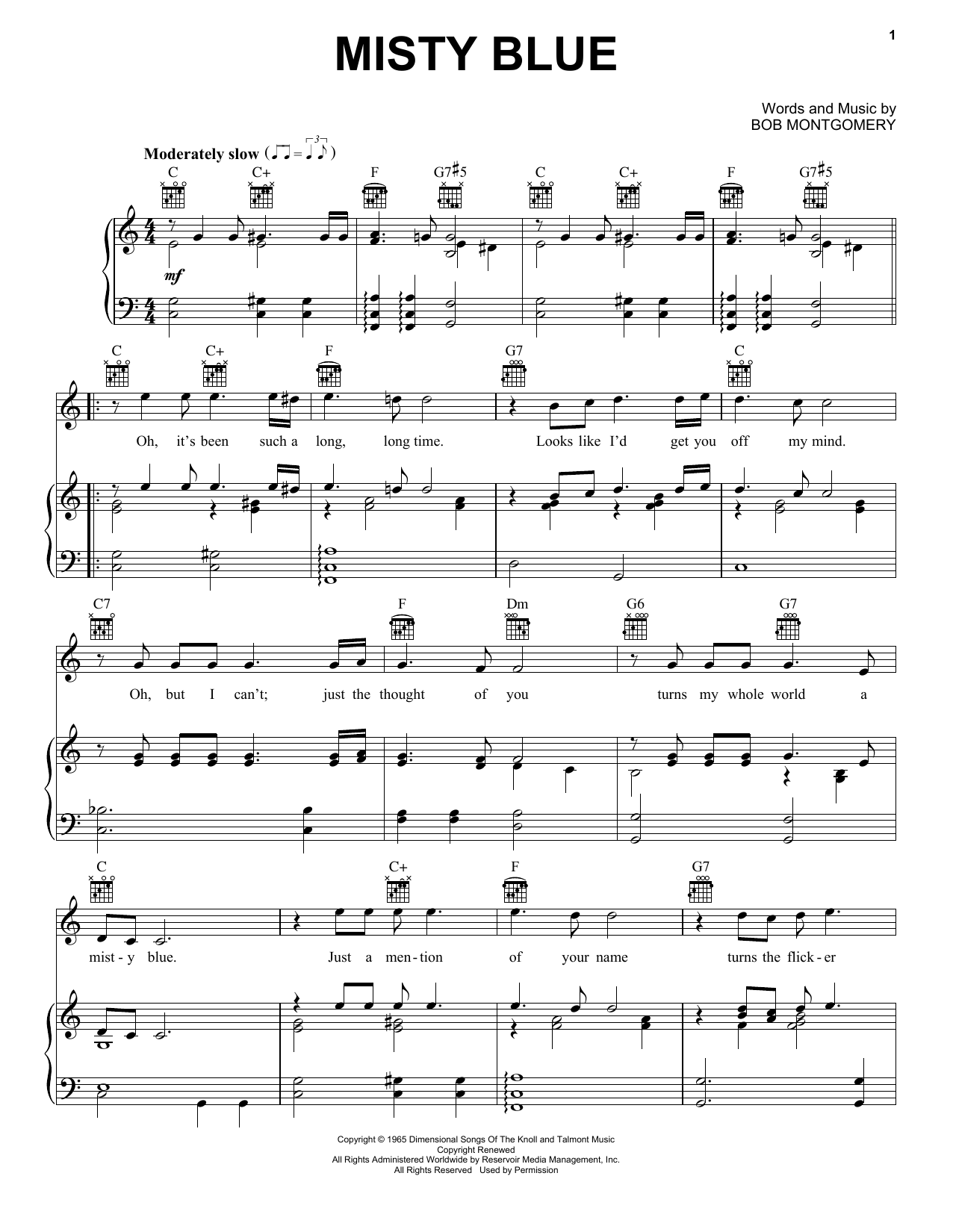 Download Eddy Arnold Misty Blue Sheet Music and learn how to play Piano, Vocal & Guitar Chords (Right-Hand Melody) PDF digital score in minutes