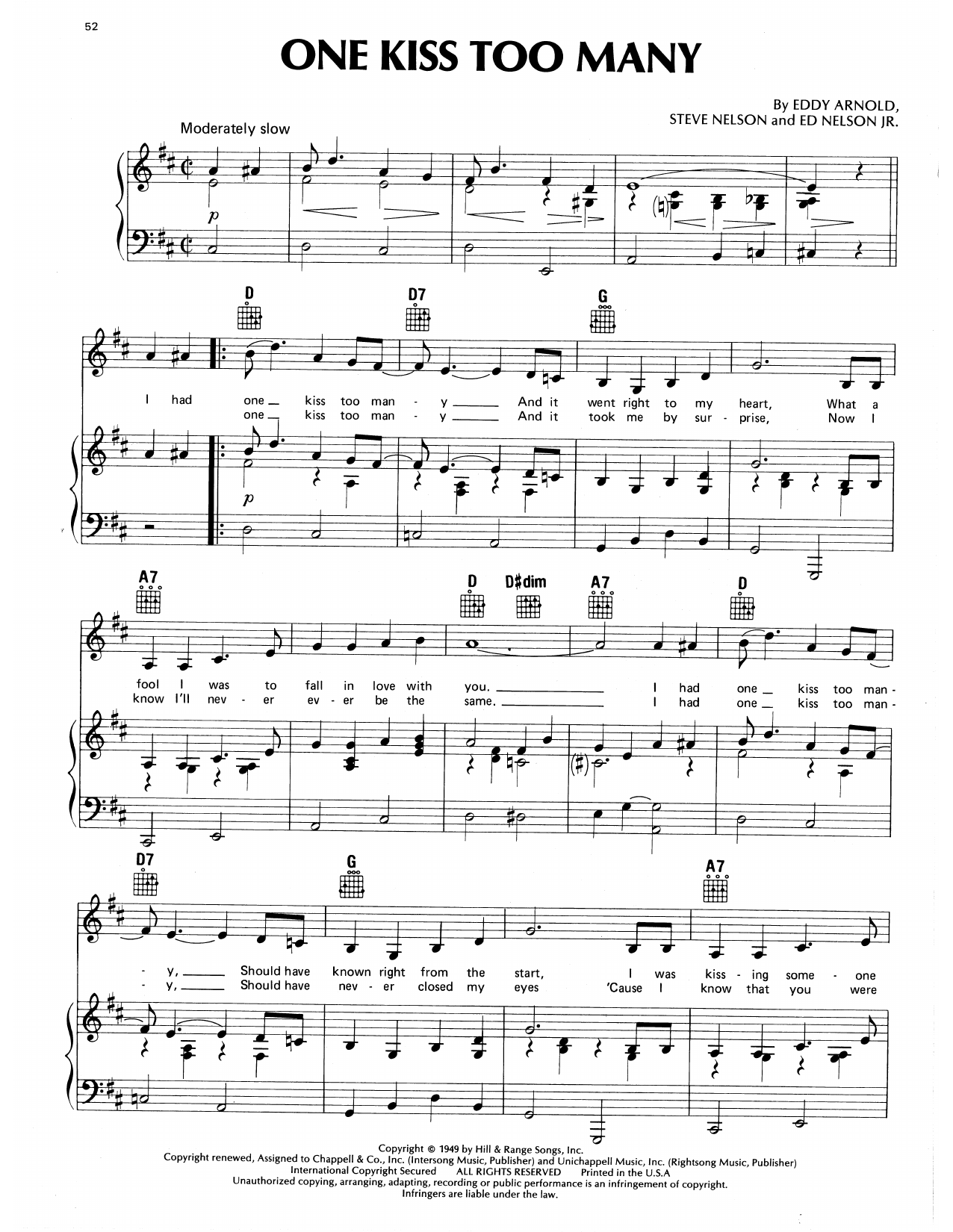 Download Eddy Arnold One Kiss Too Many Sheet Music and learn how to play Piano, Vocal & Guitar Chords (Right-Hand Melody) PDF digital score in minutes
