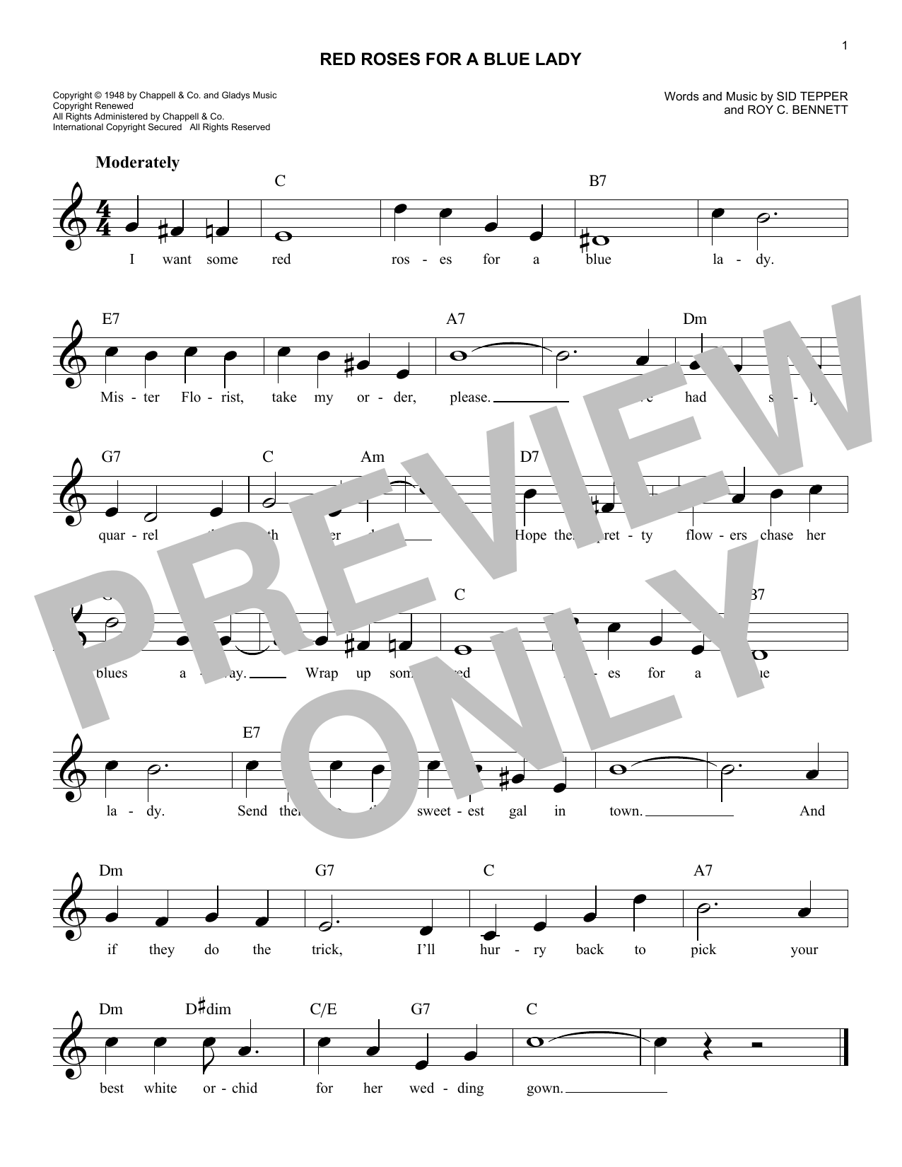 Download Eddy Arnold Red Roses For A Blue Lady Sheet Music and learn how to play Melody Line, Lyrics & Chords PDF digital score in minutes