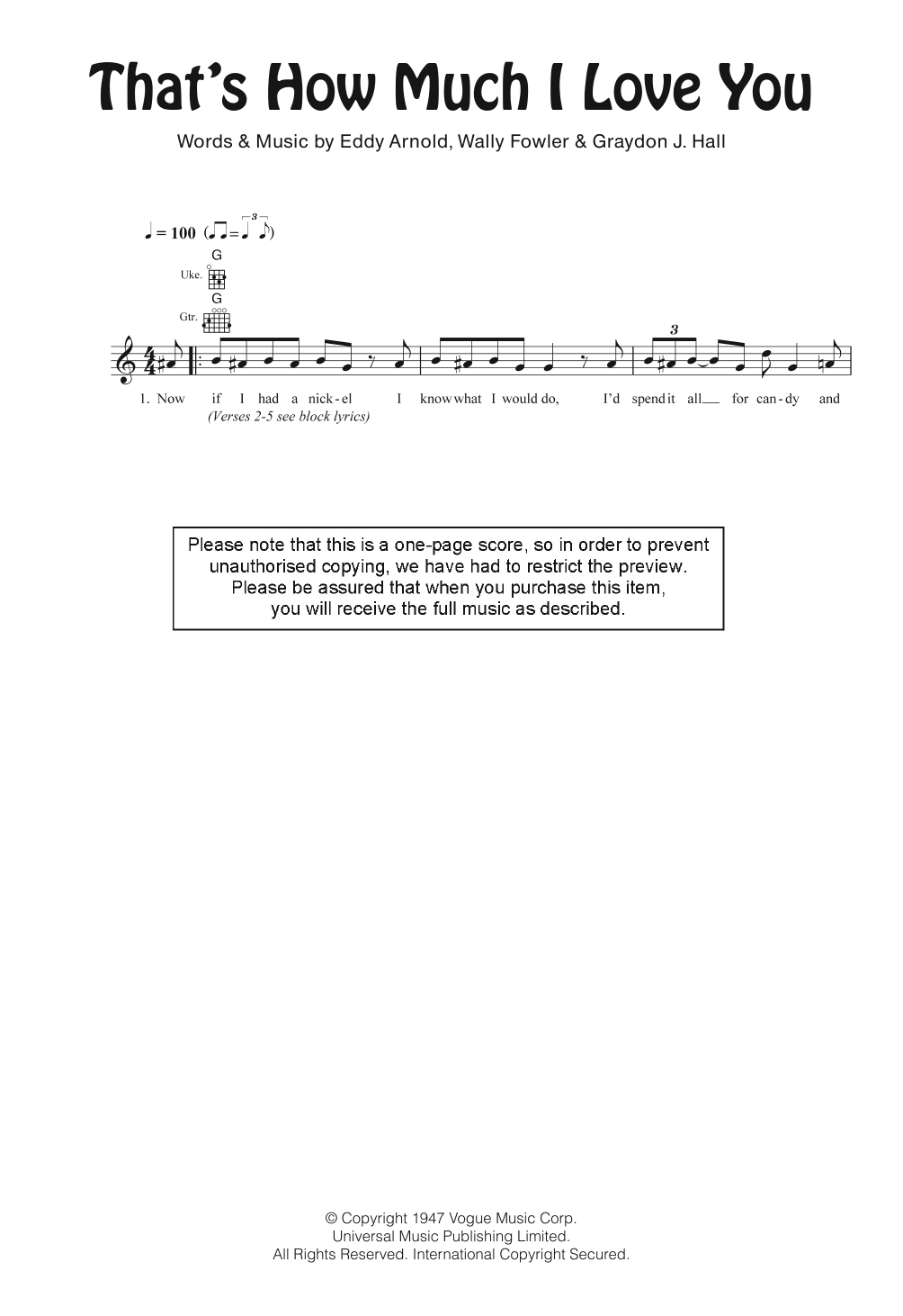 Download Eddy Arnold That's How Much I Love You Sheet Music and learn how to play Ukulele PDF digital score in minutes