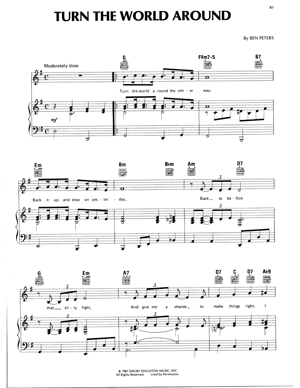Download Eddy Arnold Turn The World Around Sheet Music and learn how to play Piano, Vocal & Guitar Chords (Right-Hand Melody) PDF digital score in minutes