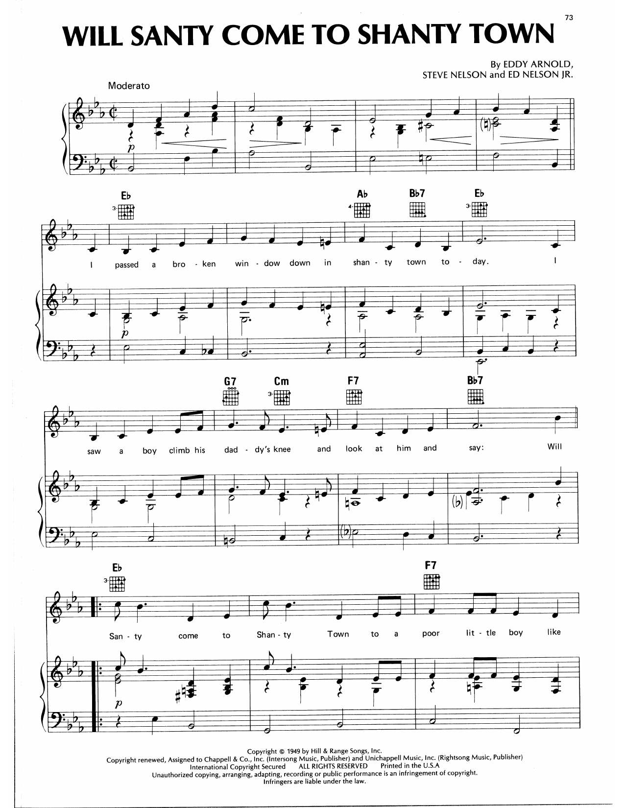 Download Eddy Arnold Will Santy Come To Shanty Town Sheet Music and learn how to play Piano, Vocal & Guitar Chords (Right-Hand Melody) PDF digital score in minutes