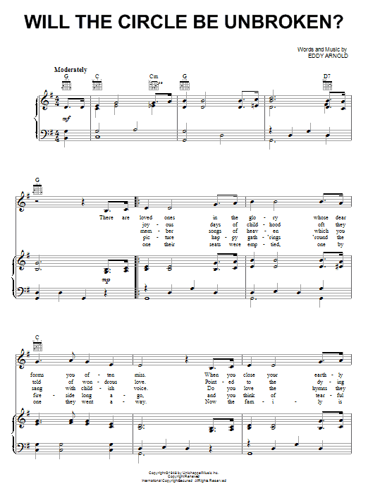 Download Eddy Arnold Will The Circle Be Unbroken Sheet Music and learn how to play Piano, Vocal & Guitar (Right-Hand Melody) PDF digital score in minutes