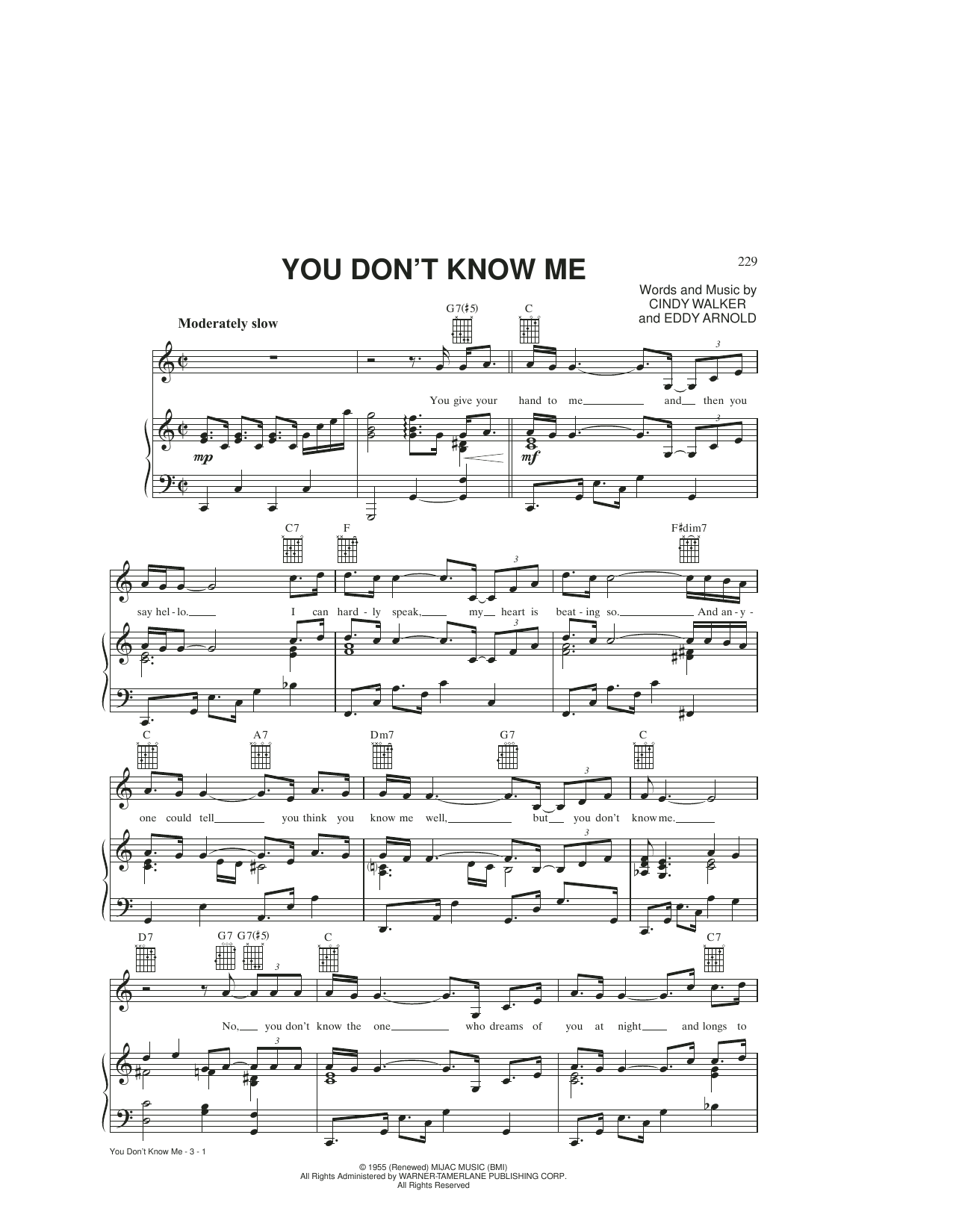 Download Eddy Arnold You Don't Know Me Sheet Music and learn how to play Piano, Vocal & Guitar Chords (Right-Hand Melody) PDF digital score in minutes